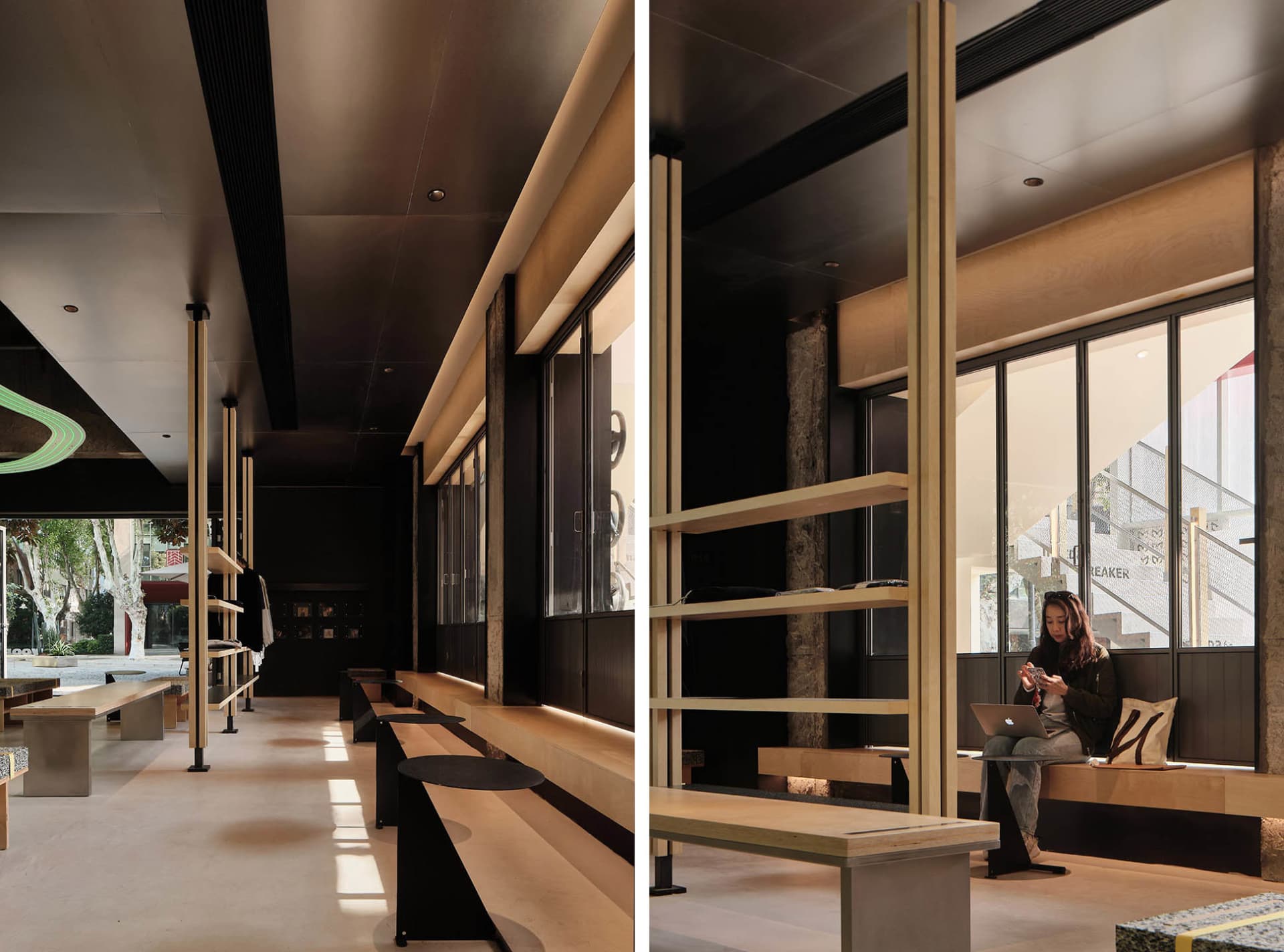 A modern coffee shop featuring concrete and wood materials.