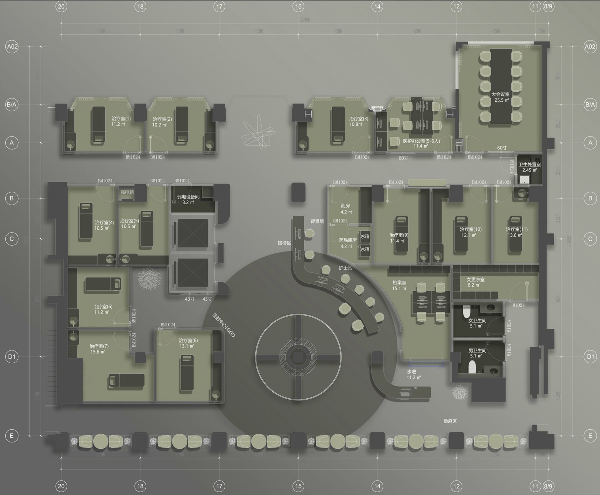 Floor plan of a modern medical center's office space, showcasing clean lines and efficient layouts.