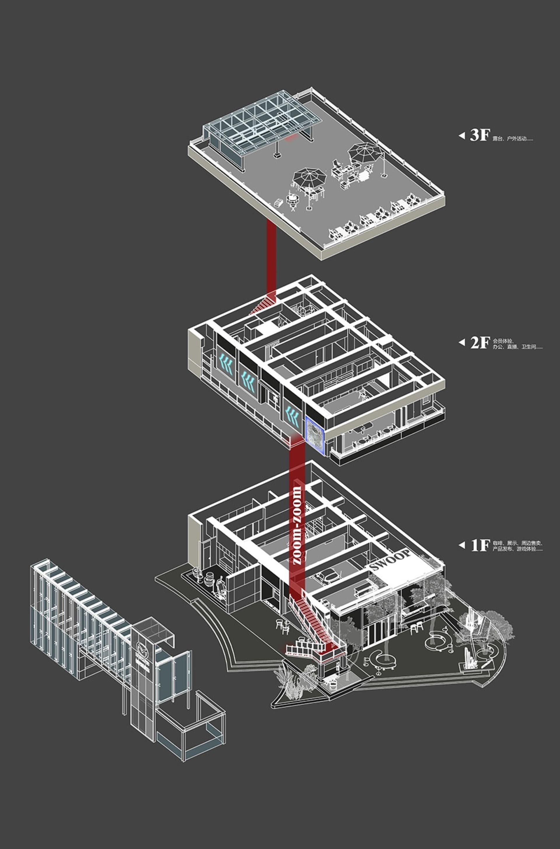 現代室內空間的詳細2D建築圖,聚焦於結構元素。