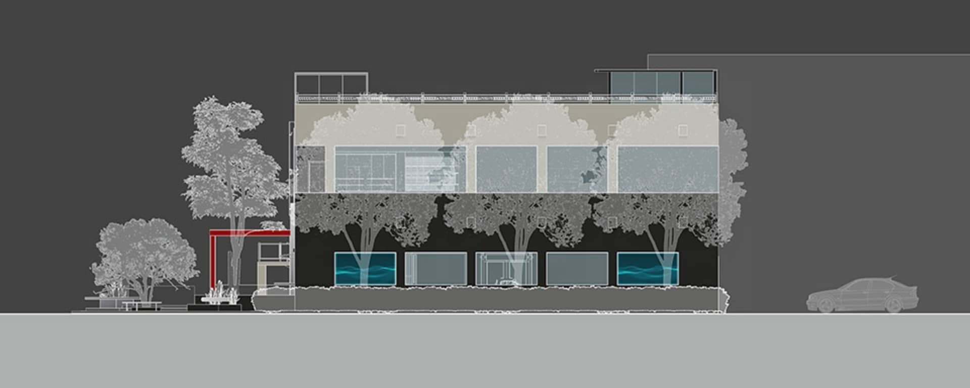 A modern residential architecture concrete plan with a view of a car parked nearby.