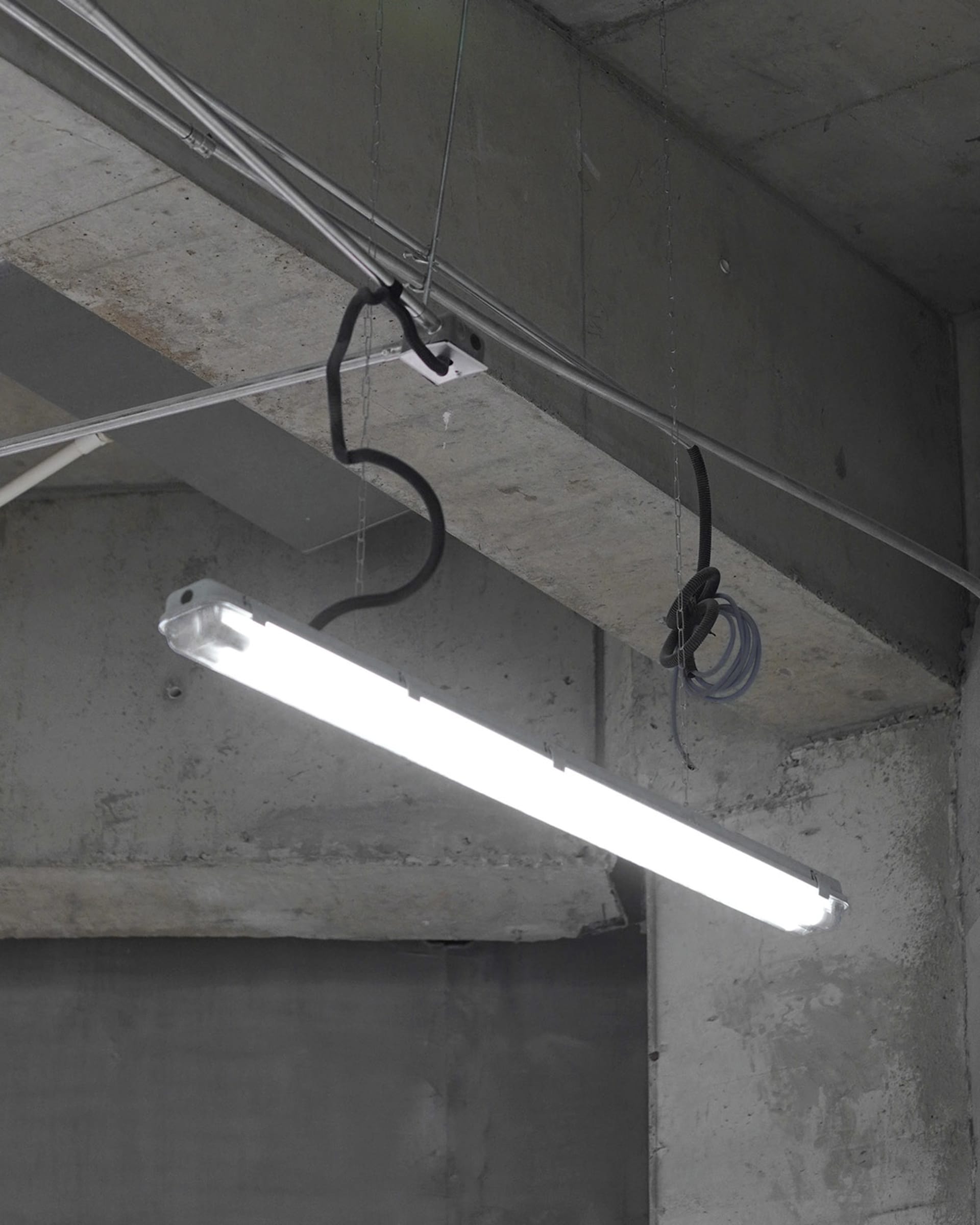 A minimalist industrial interior space featuring a fluorescent light fixture mounted on a concrete ceiling.