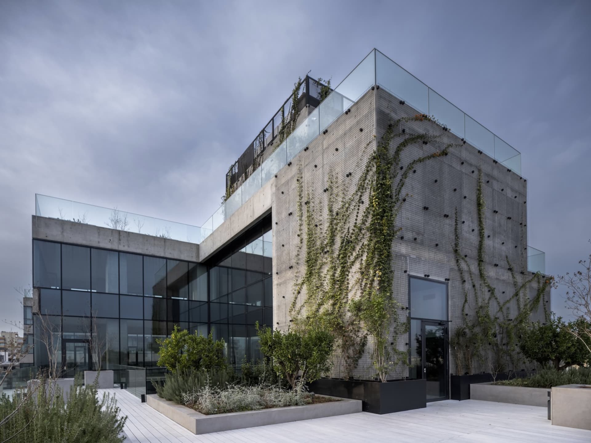 Modern commercial office space with concrete walls, glass windows, and green plantings on the exterior.