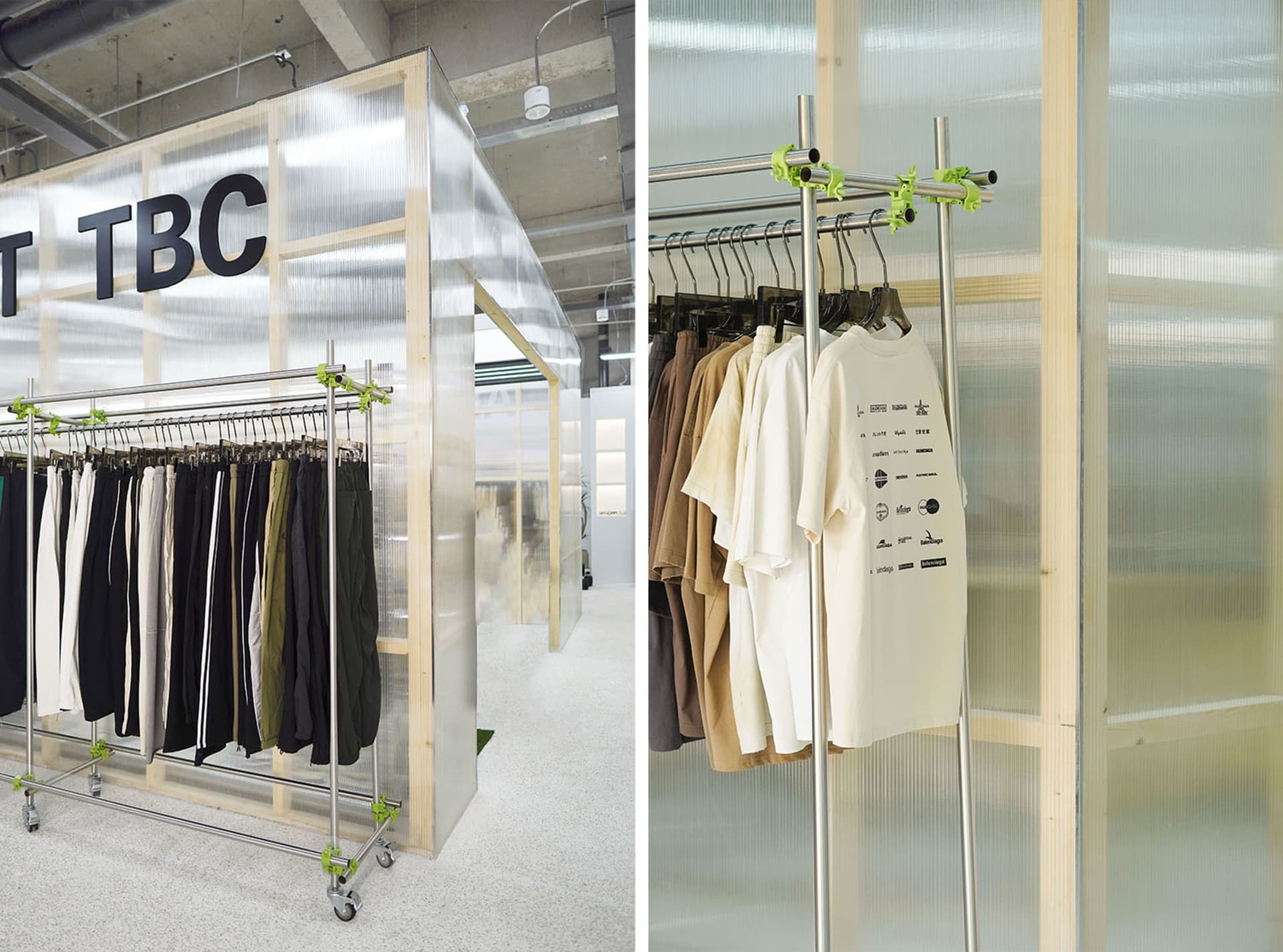 零售店面中的服裝展示,搭配金屬衣架與玻璃隔板。