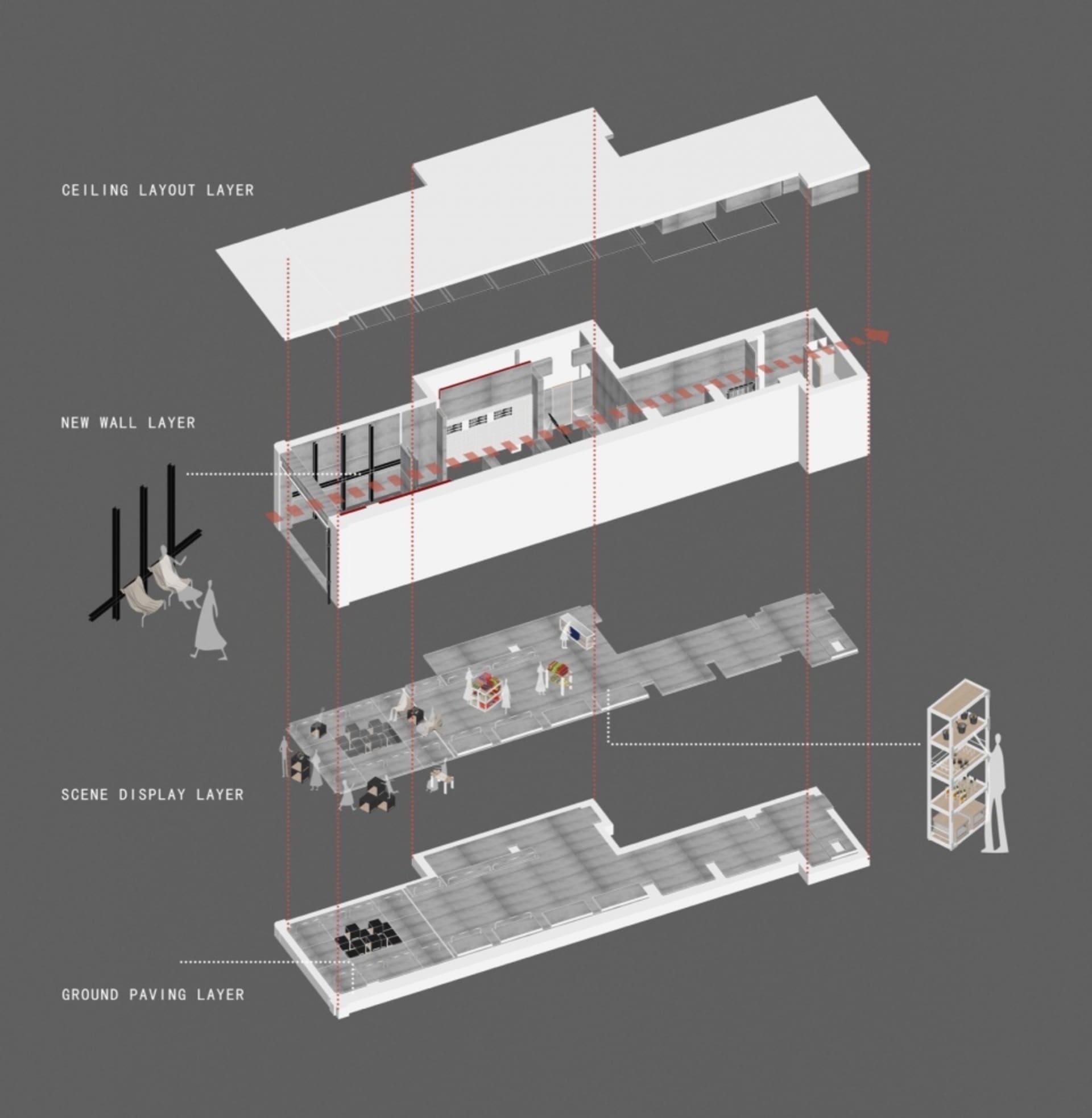 Detailed architectural rendering of a modern interior featuring concrete materials.