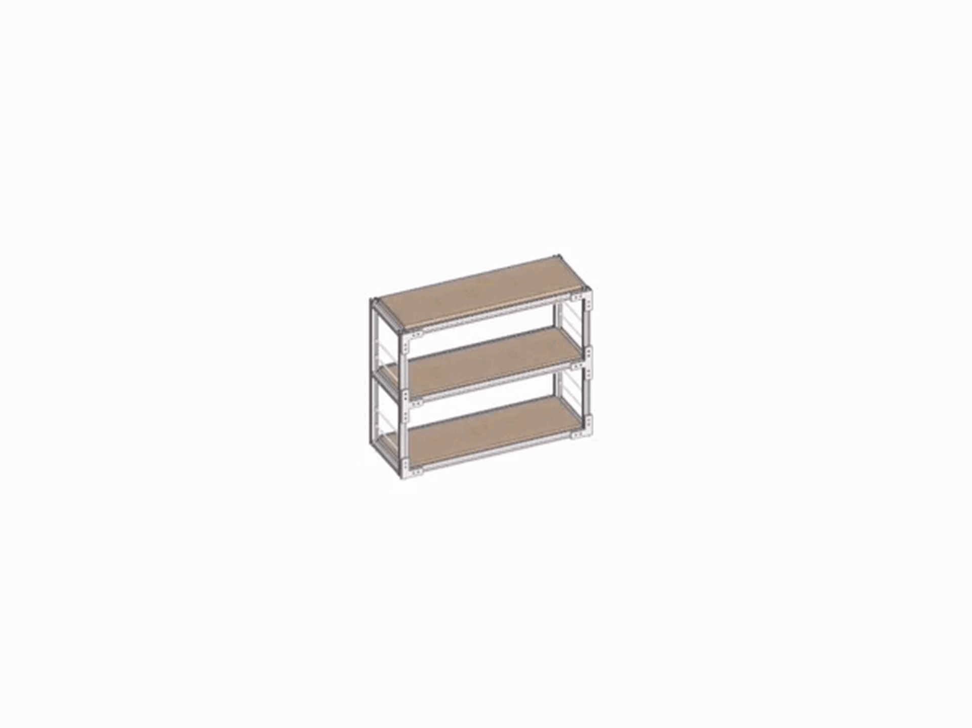 A three-tiered metal storage shelf with metal framing and shelves made of a light-colored material.