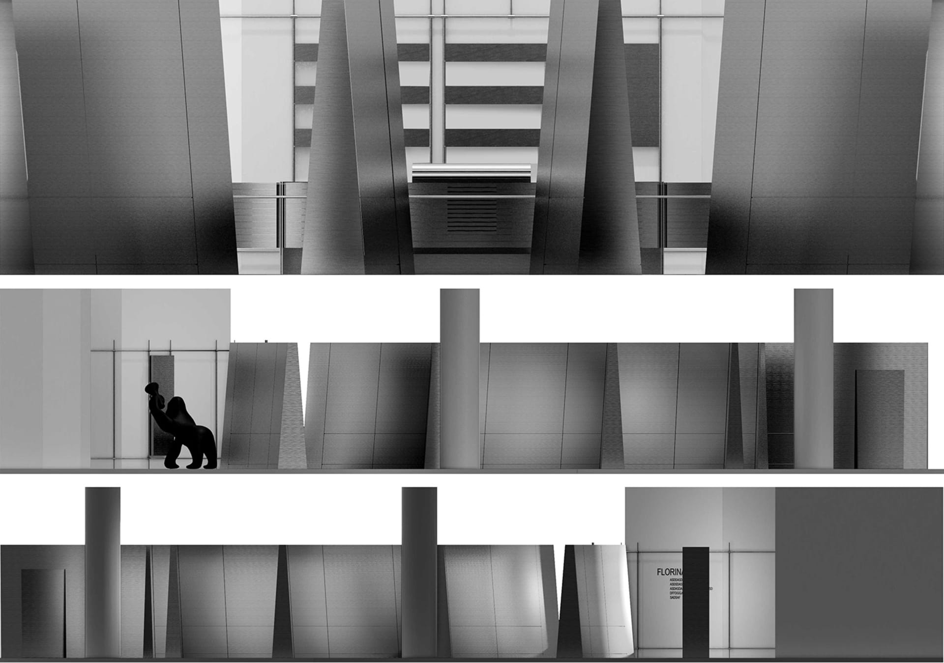 A futuristic architectural design with a mixed-media approach, featuring a modern, sleek interior space.