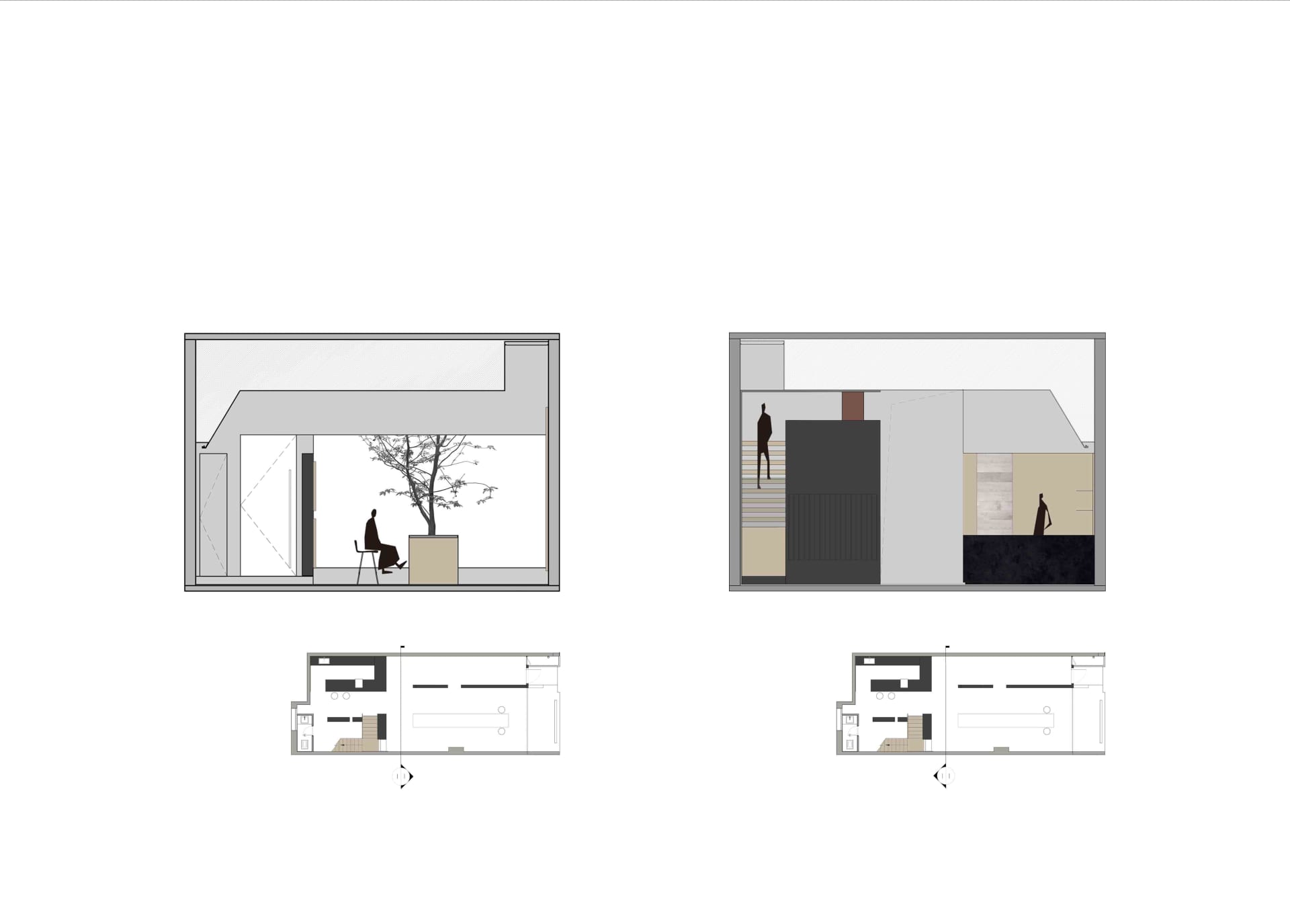 3D architectural rendering of a modern floor plan with mixed materials.