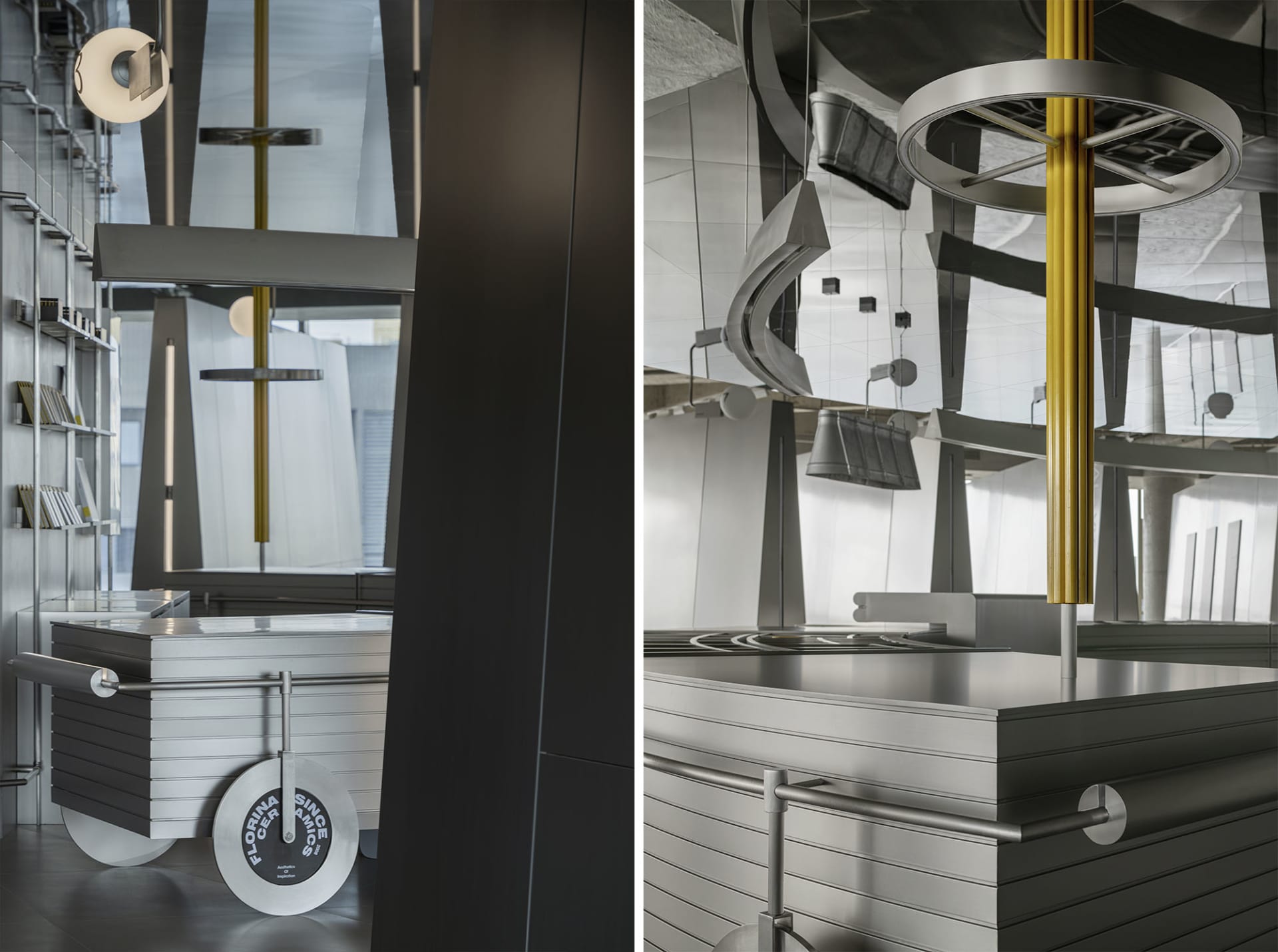 Industrial-style modern kitchen featuring metallic surfaces and minimalist design.