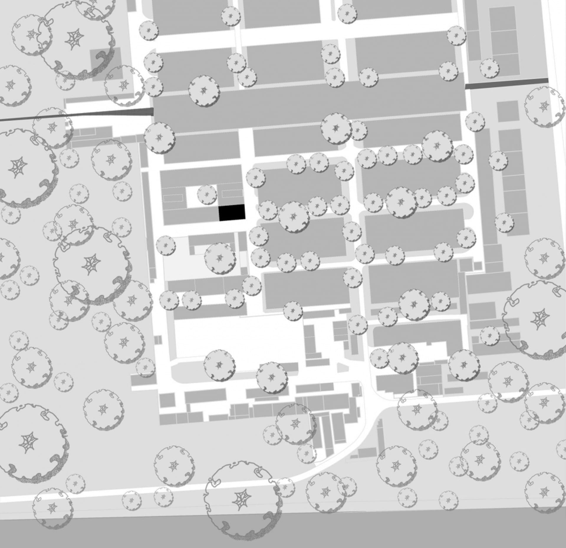 黑白都市建築圖，顯示多棟建築物與開放空間。