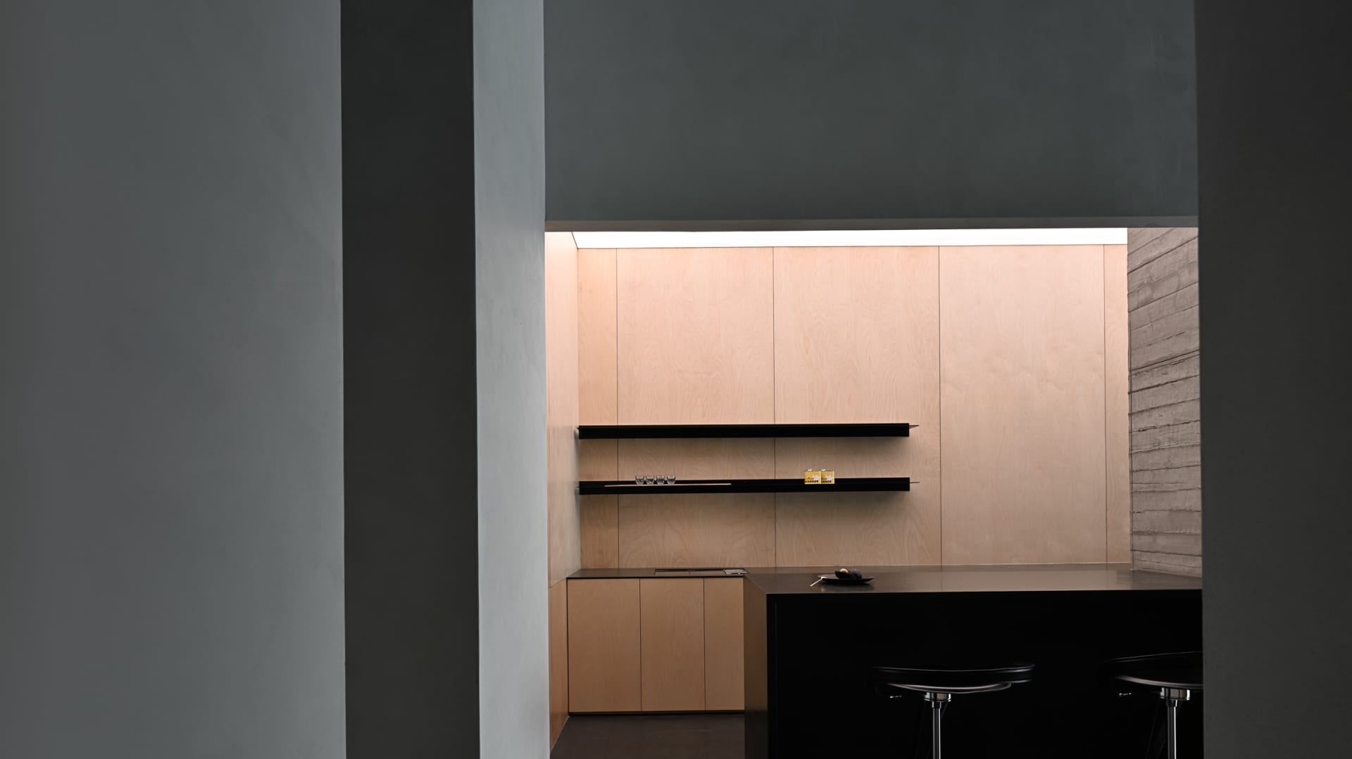 Modern minimalist kitchen with wood shelves and countertop.