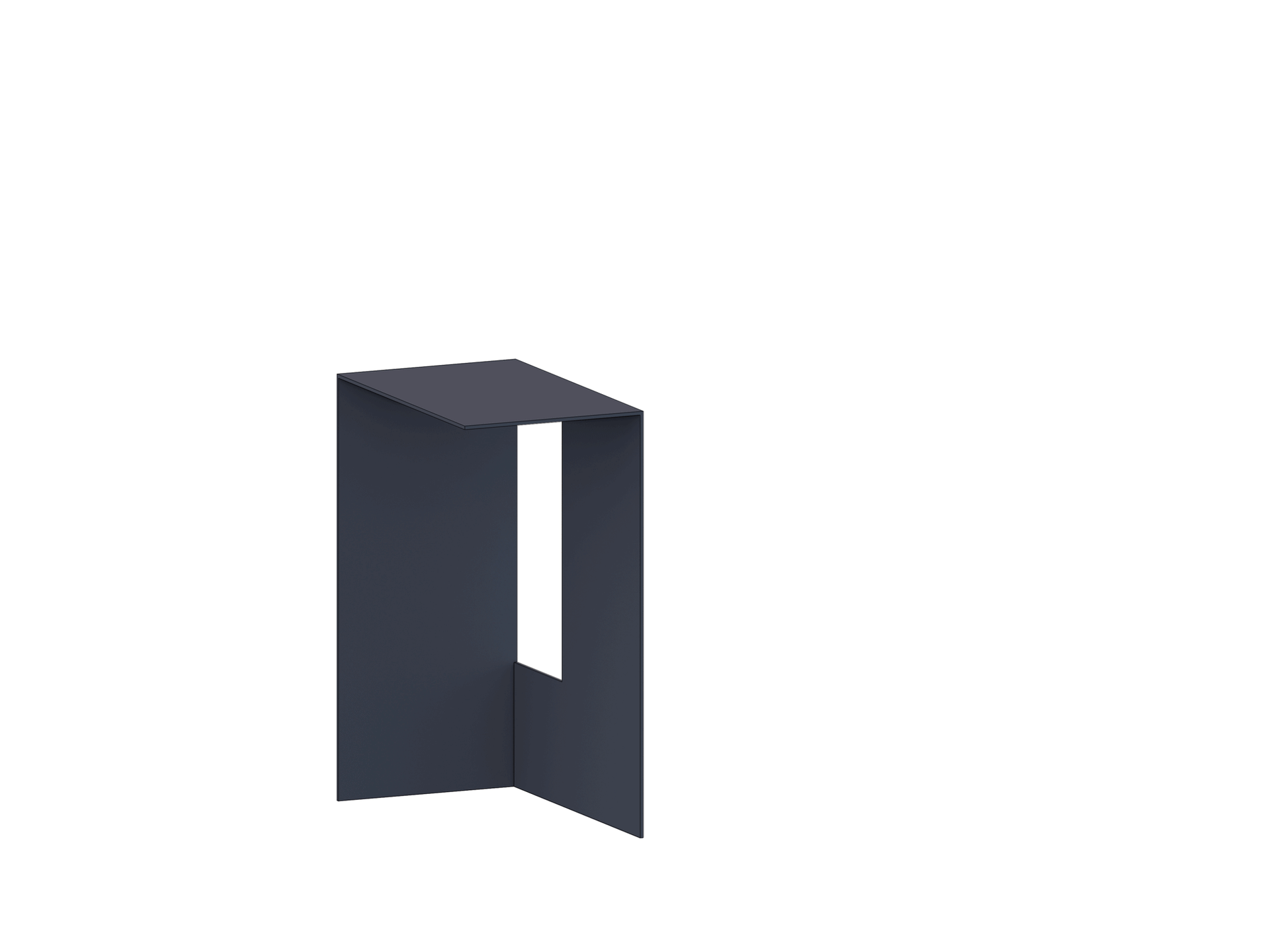 A minimalist metal side table with a cut-out design.