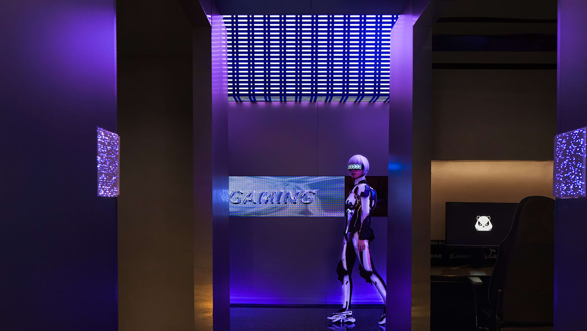 A futuristic gaming station with robotic metallic synthetic design elements