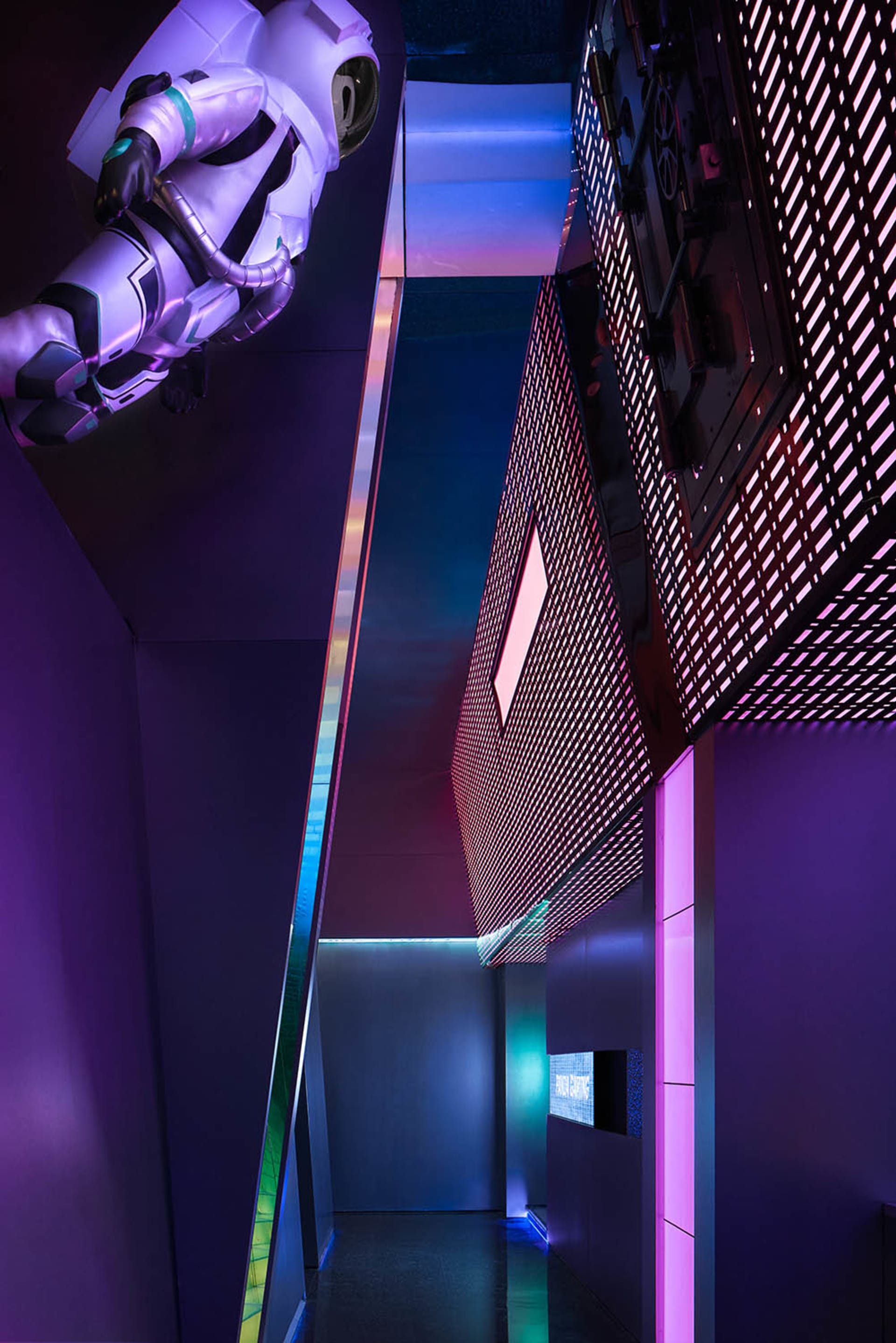 A minimalist interior with metallic accents and a futuristic atmosphere.