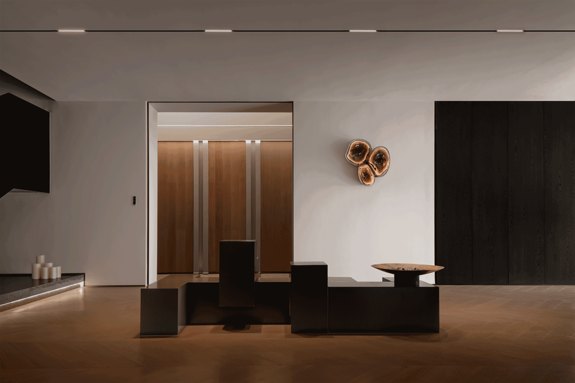Modern living room featuring wooden, concrete, and metallic elements.
