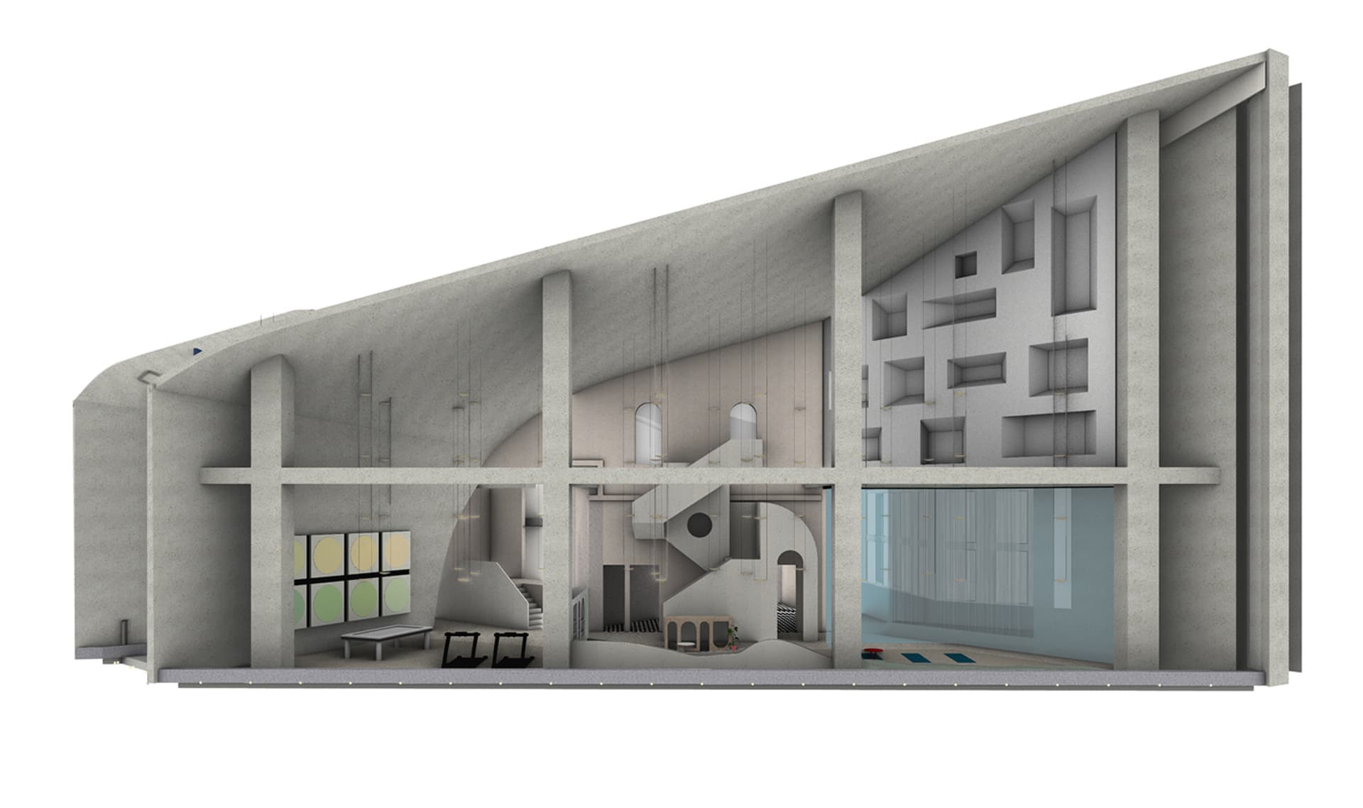 一張展示現代混凝土建築室內設計的橫切面2D建築圖。