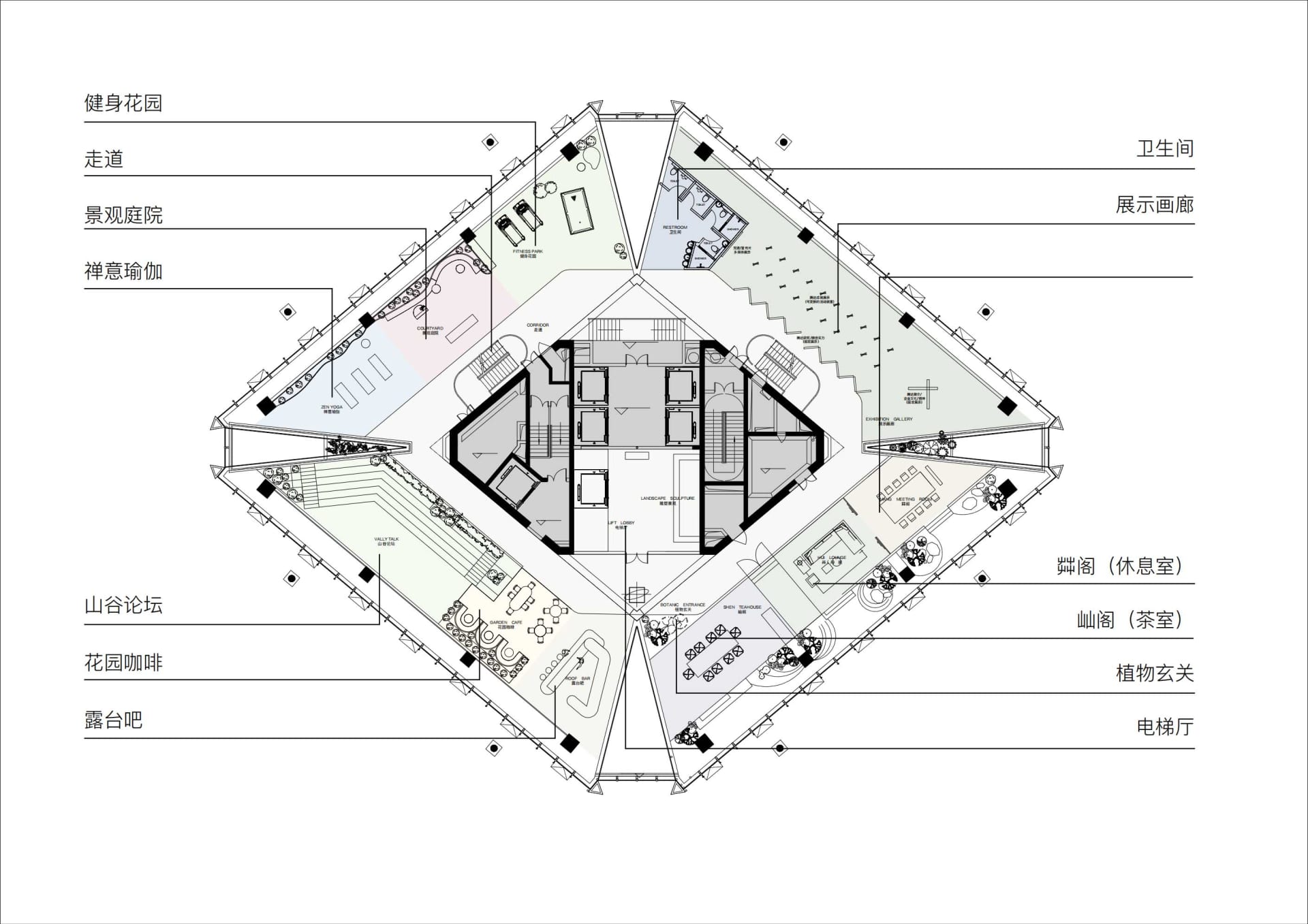 Floor plan of a modern office complex with various functional zones such as fitness parks, yoga spaces, cafes, and exhibition