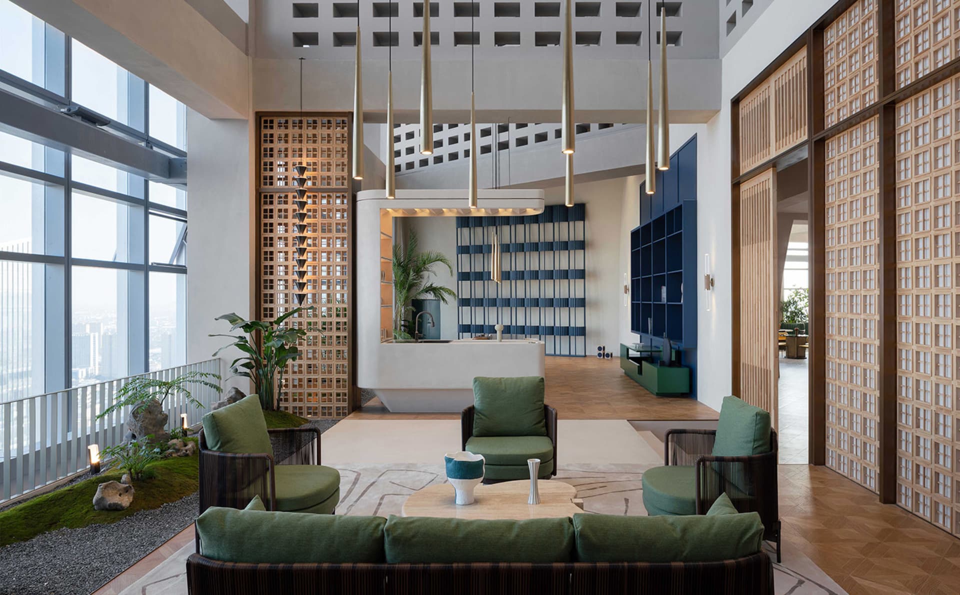 Modern residential living room with concrete, wood, and leather materials