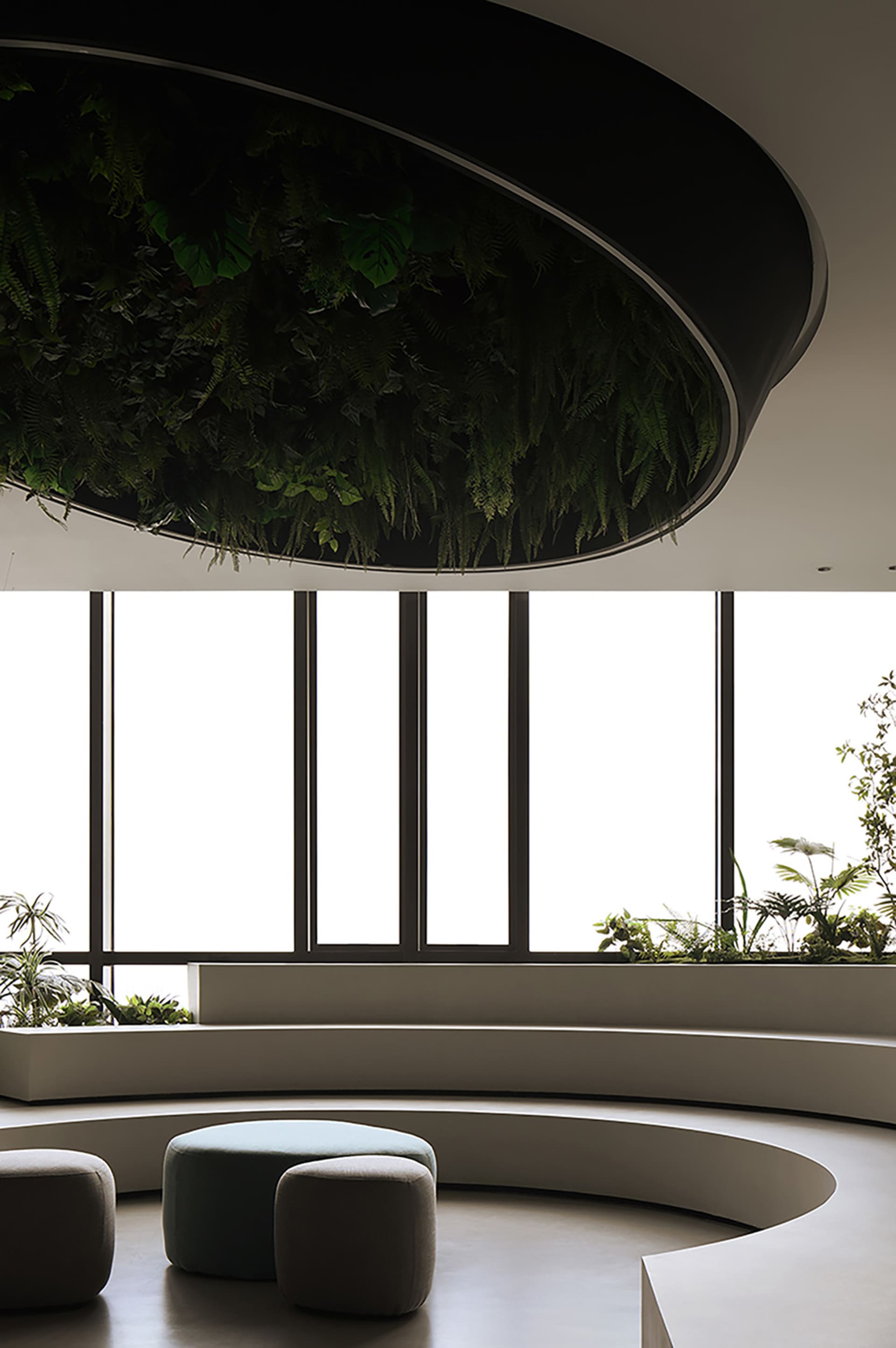 An interior space featuring a modern, minimalist design with a concrete ceiling adorned with lush green foliage and large win