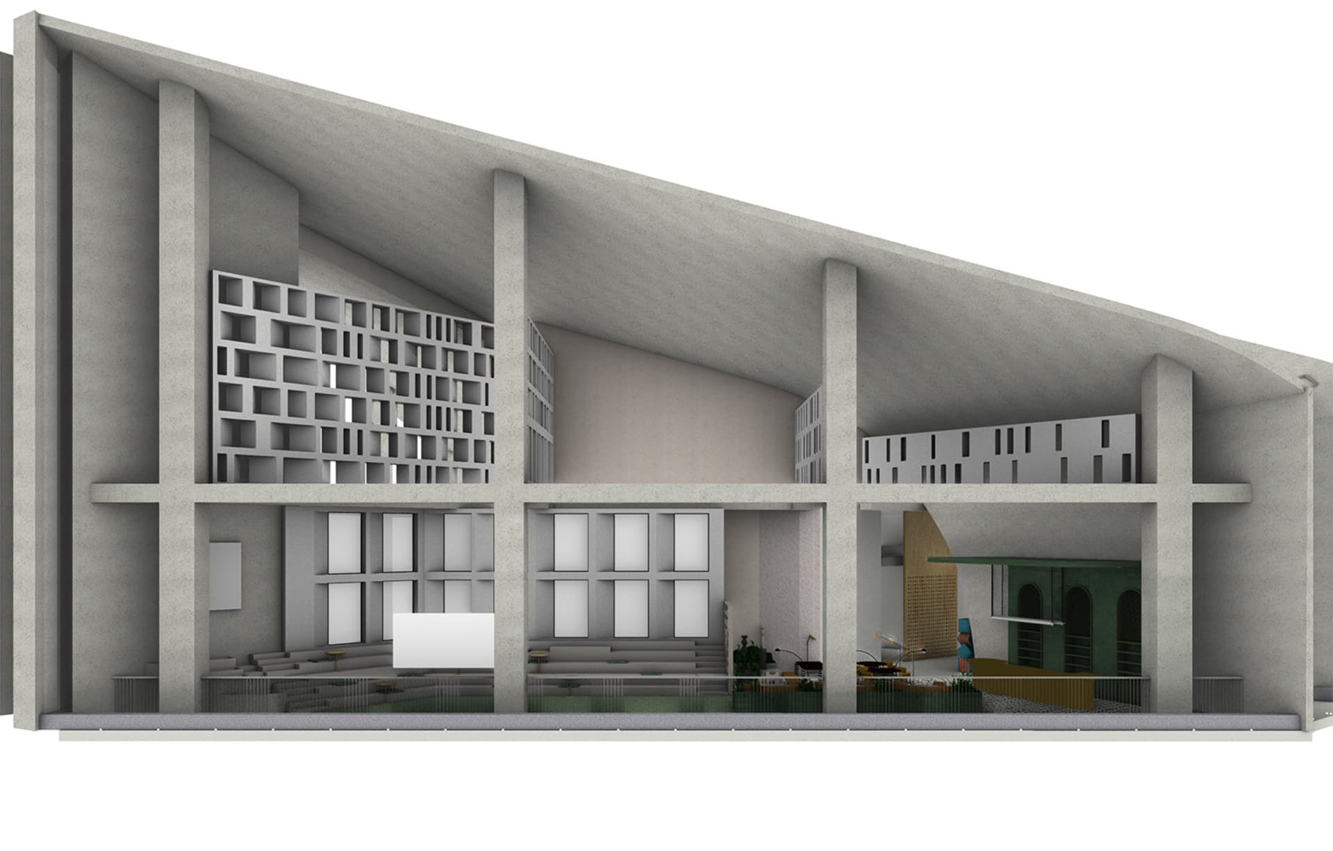 A modern office space featuring concrete walls and a concrete ceiling with visible concrete beams.