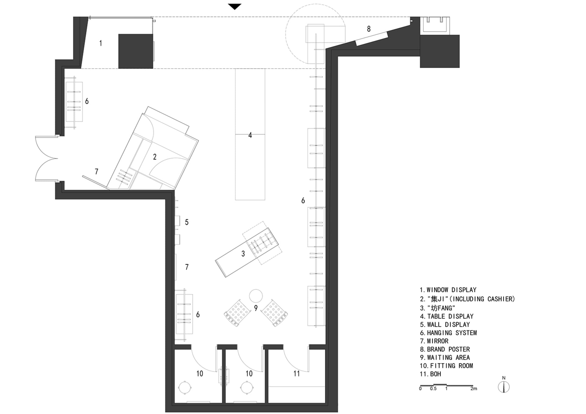 都市零售店鋪的詳細建築平面圖，包含櫥窗展示區、收銀區、桌椅及