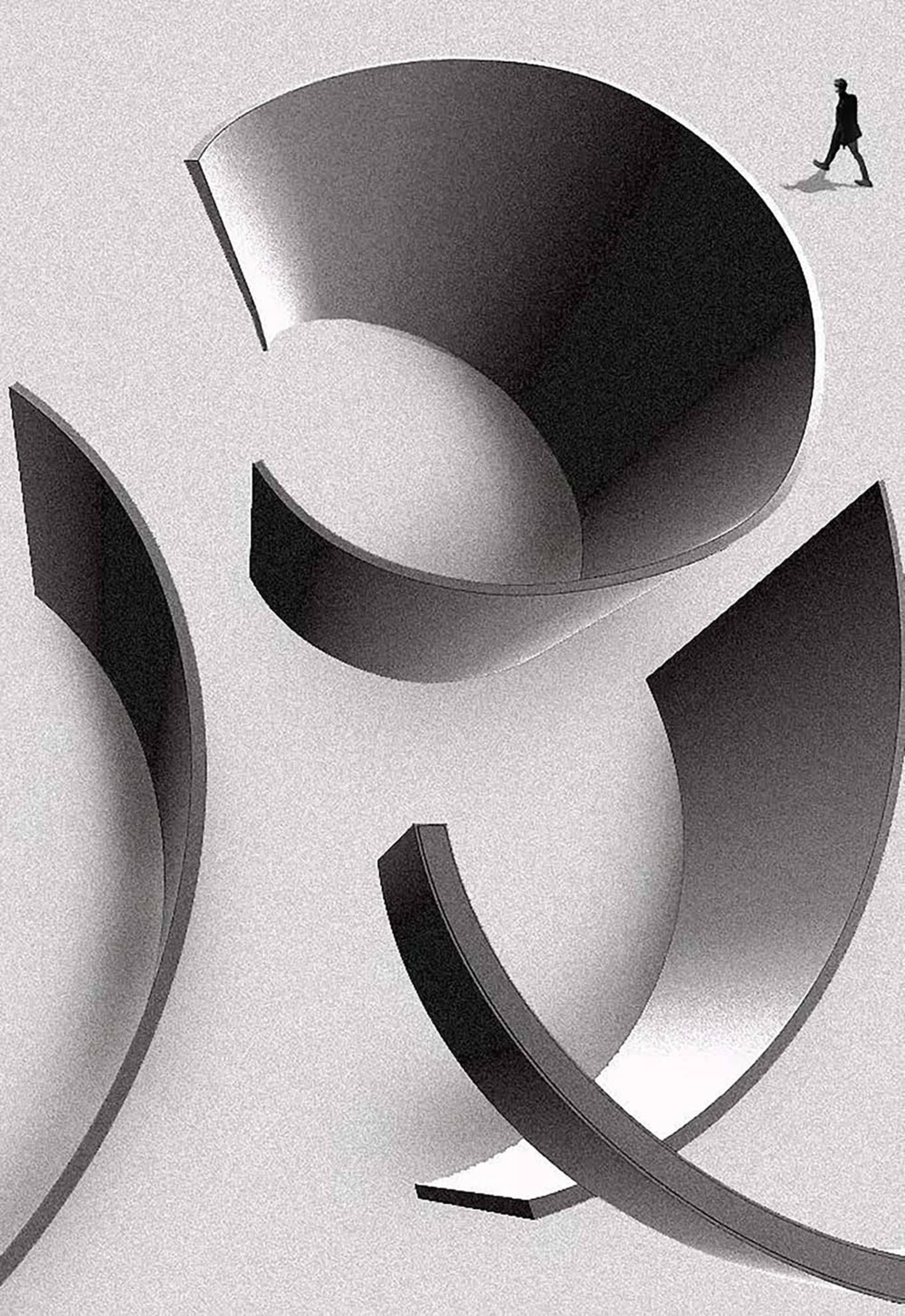 Black and white illustration of abstract minimalist metal shapes