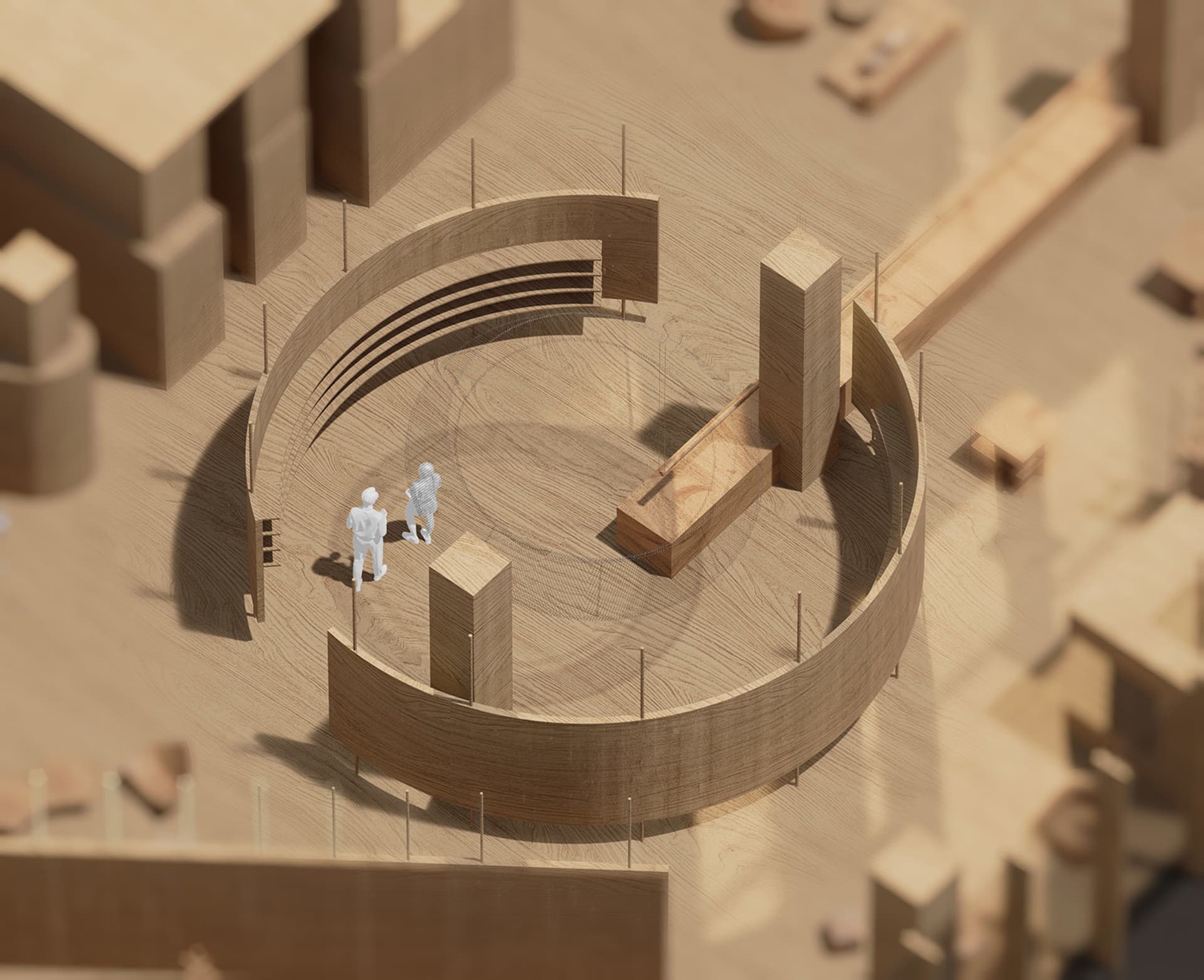 A modern interior design featuring a wooden circular structure with two human figures inside.