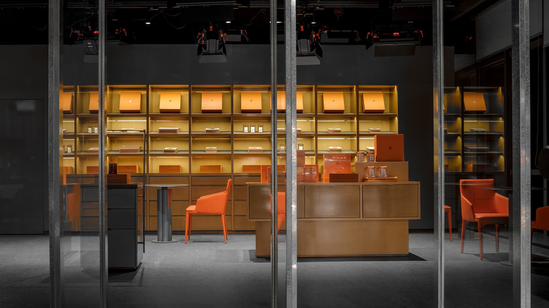 Modern retail showroom featuring a combination of wood and glass materials.
