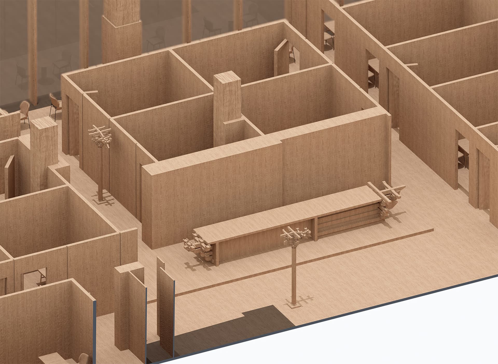 Detailed 2D architectural drawing of a wooden interior space with multiple rooms and furniture layouts.