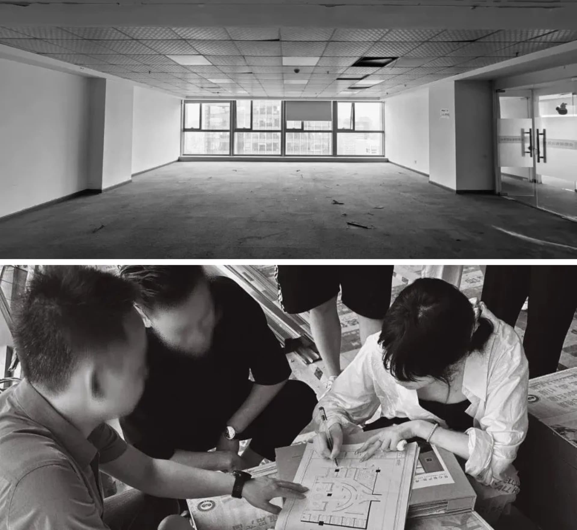 一張黑白攝影,展示翻新後辦公室內部水泥地板的景象。