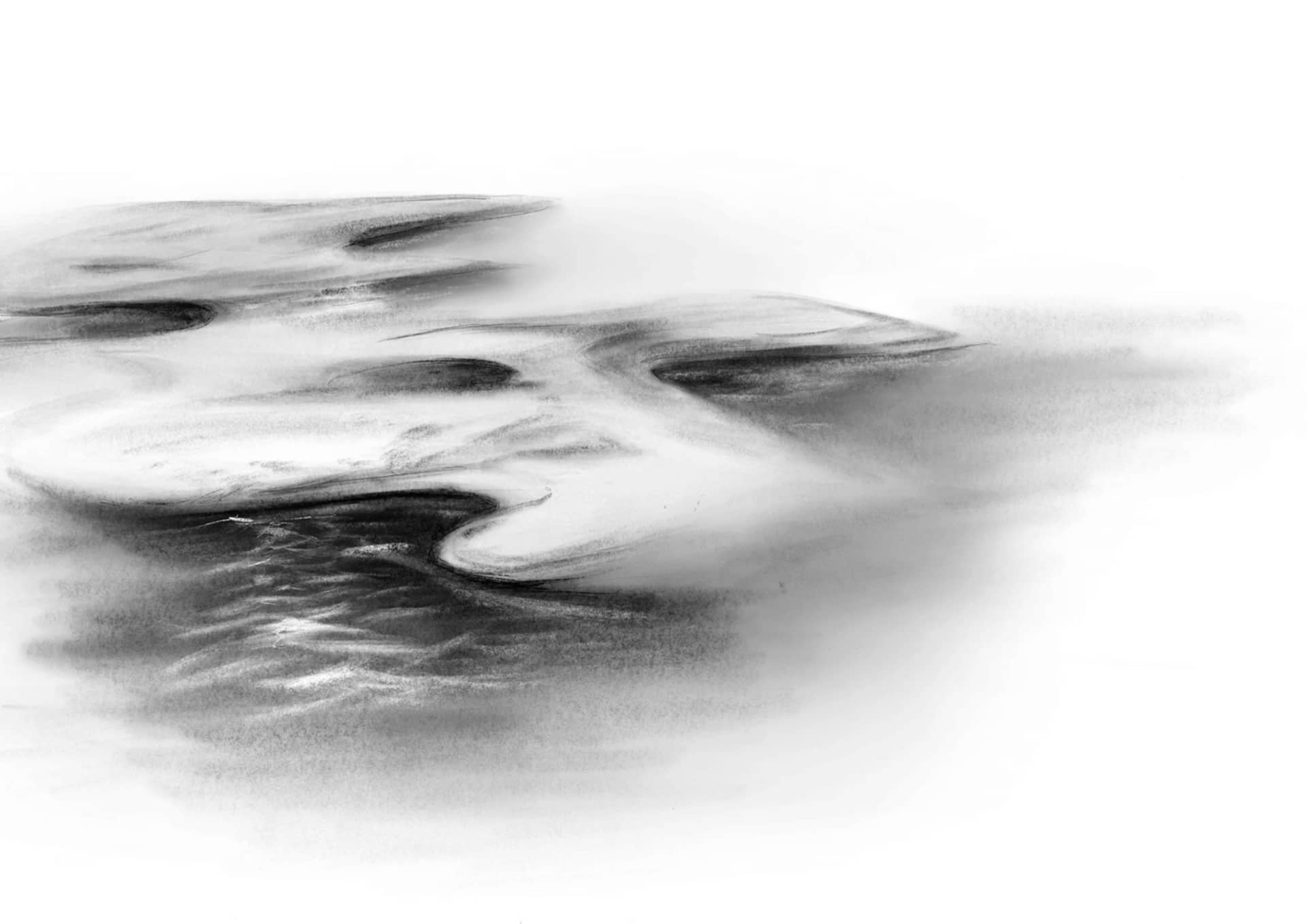 A black and white sketch of an abstract landscape using ink.