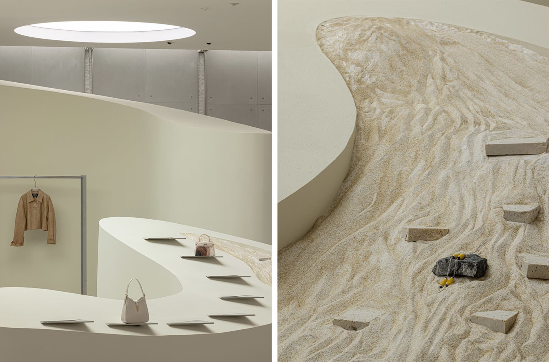 A minimalist interior space featuring sandstone and marble materials.