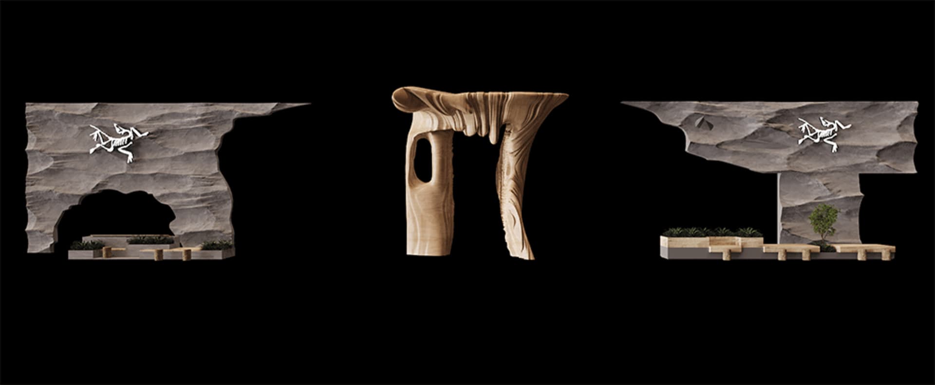 Carved wooden sculptures displayed in a modern landscape setting.