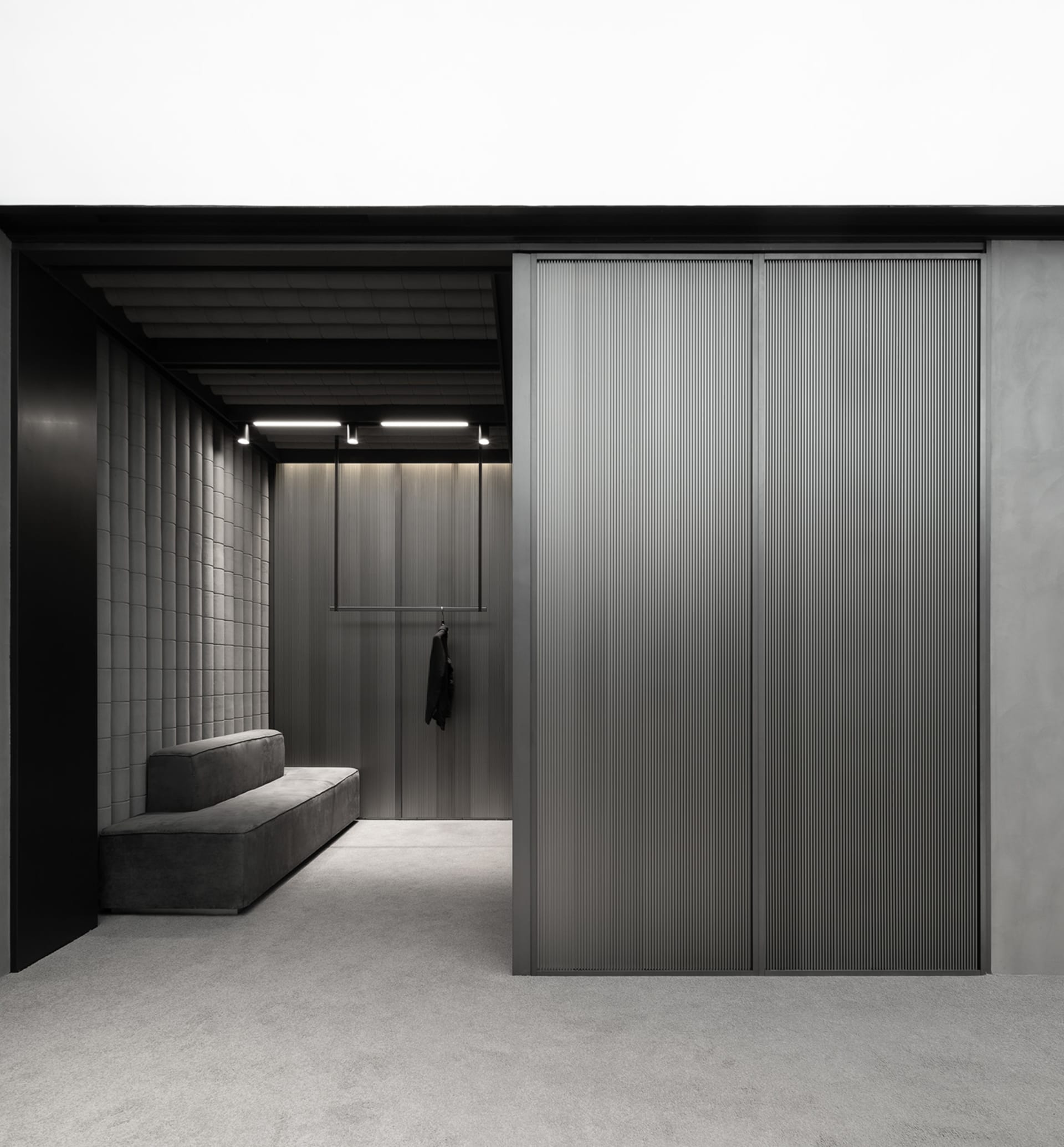 Modern minimalist residential closet featuring metallic panels and sleek design