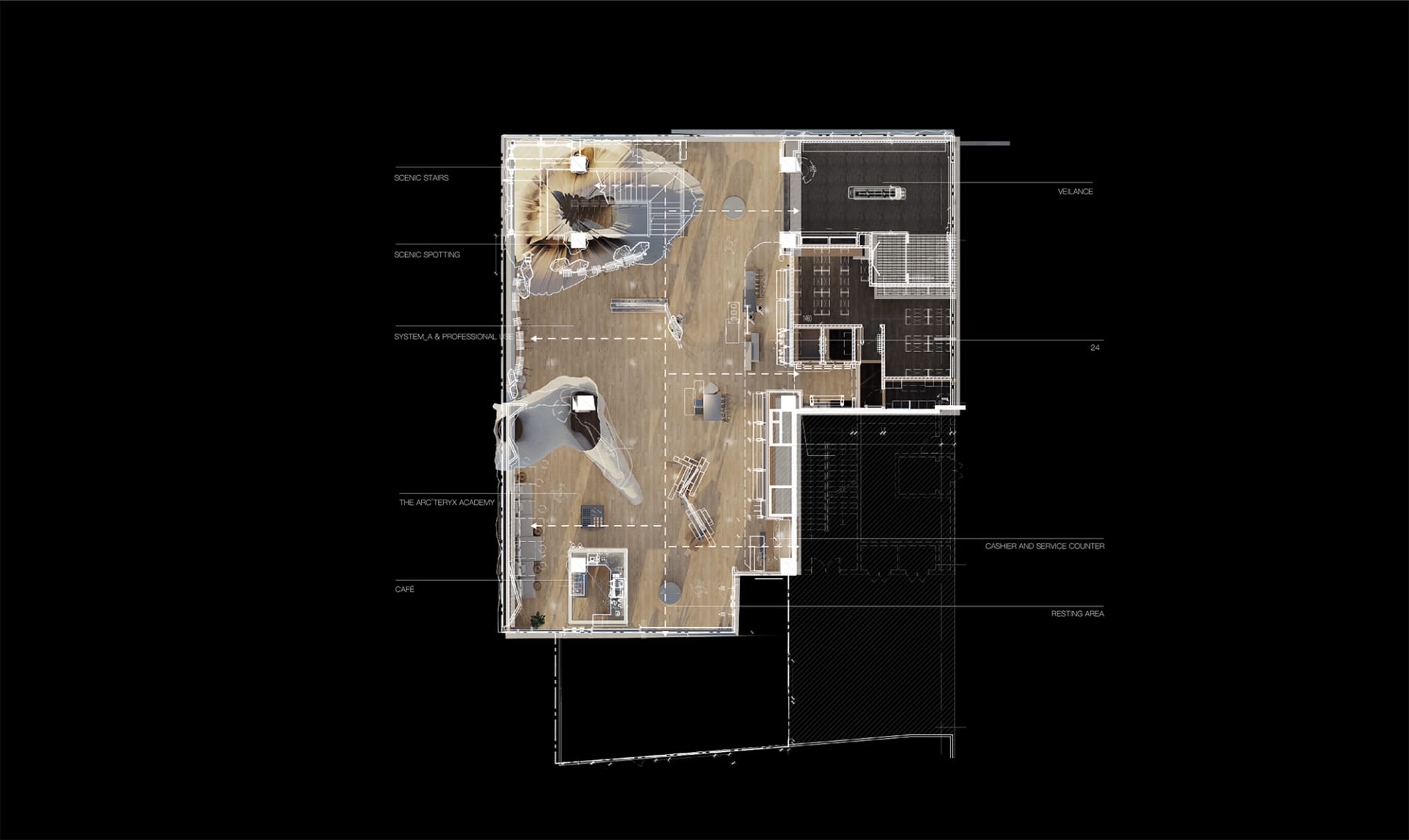 A floor plan of a modern retail space featuring wooden flooring.
