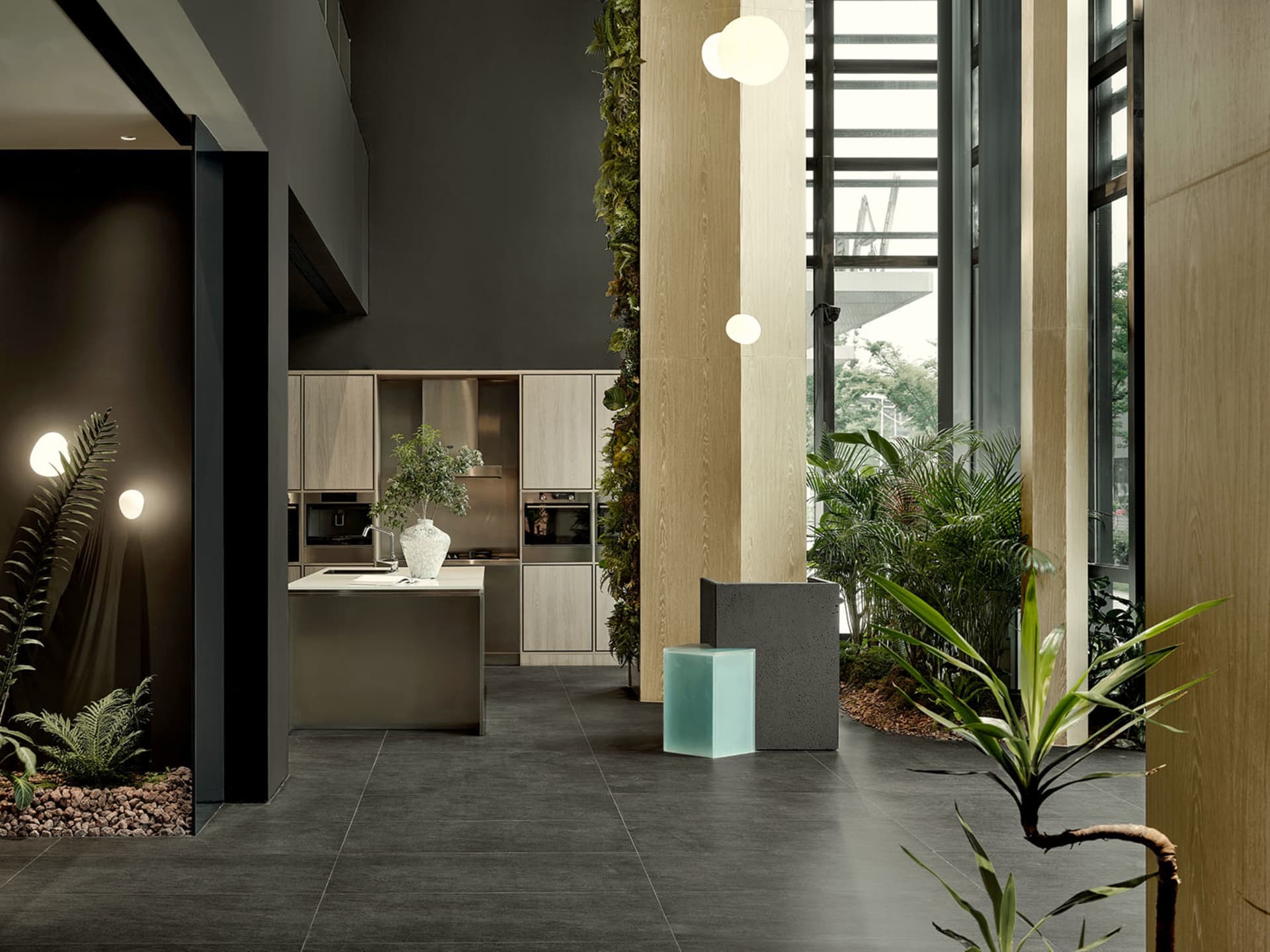 Modern interior design featuring concrete and steel materials in a commercial space.