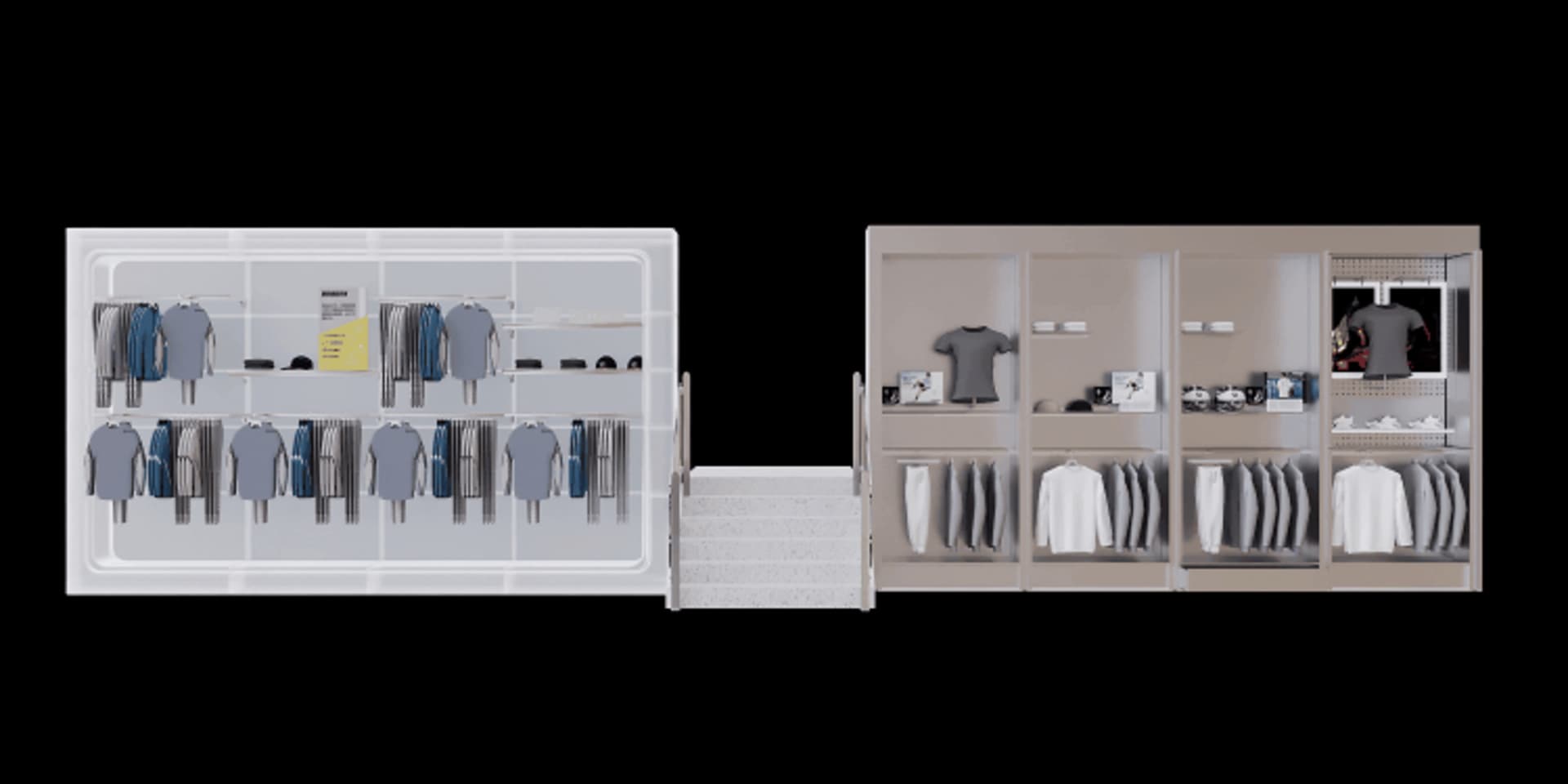 Modern retail store with glass display cases containing clothing items.