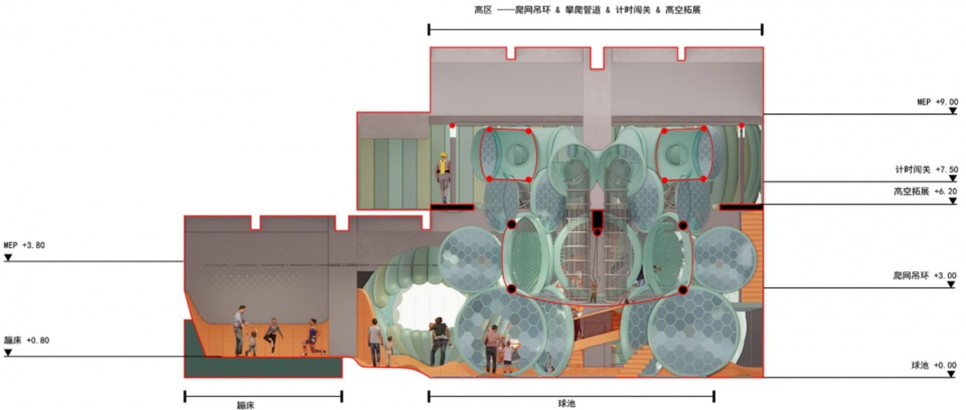 玻璃元素與金屬結構的遊樂場室內剖面視圖