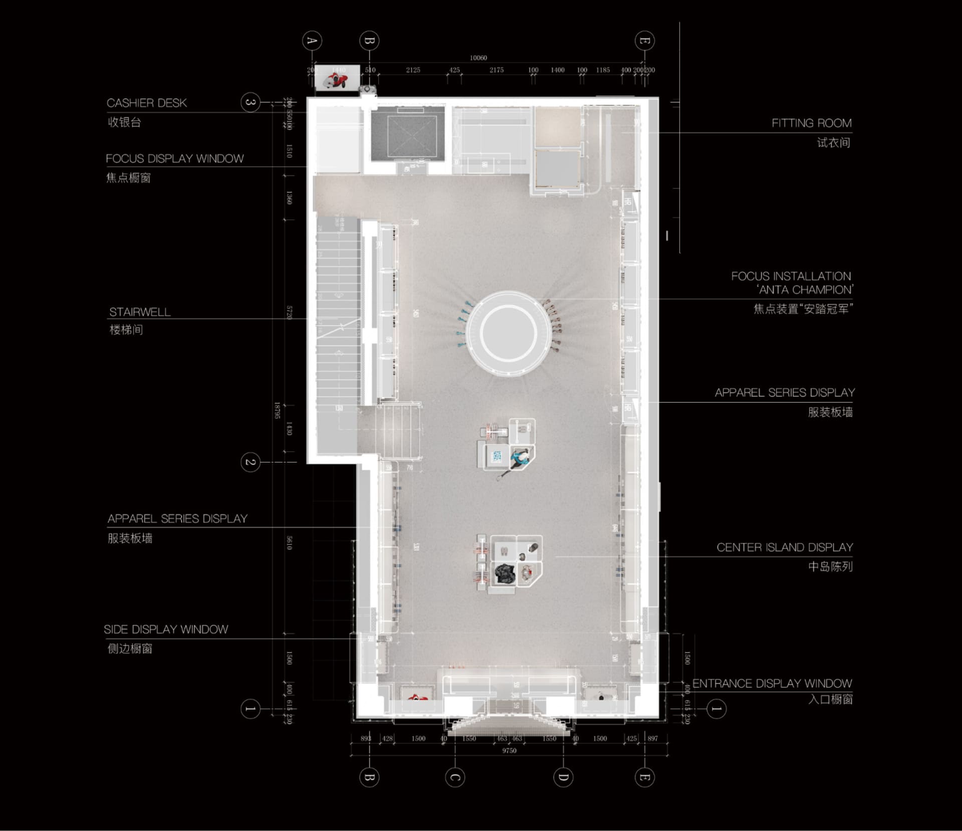 Floor plan of a modern retail space with a focus on minimalist design