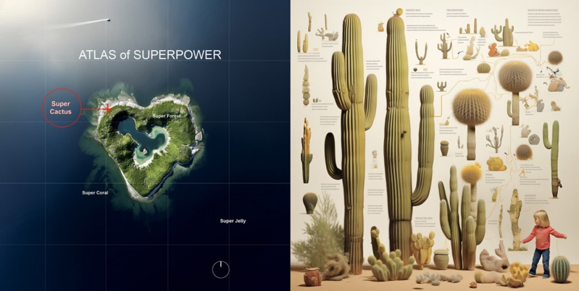 An illustration depicting various types of superpowers, with a focus on 'Super Cactus'.