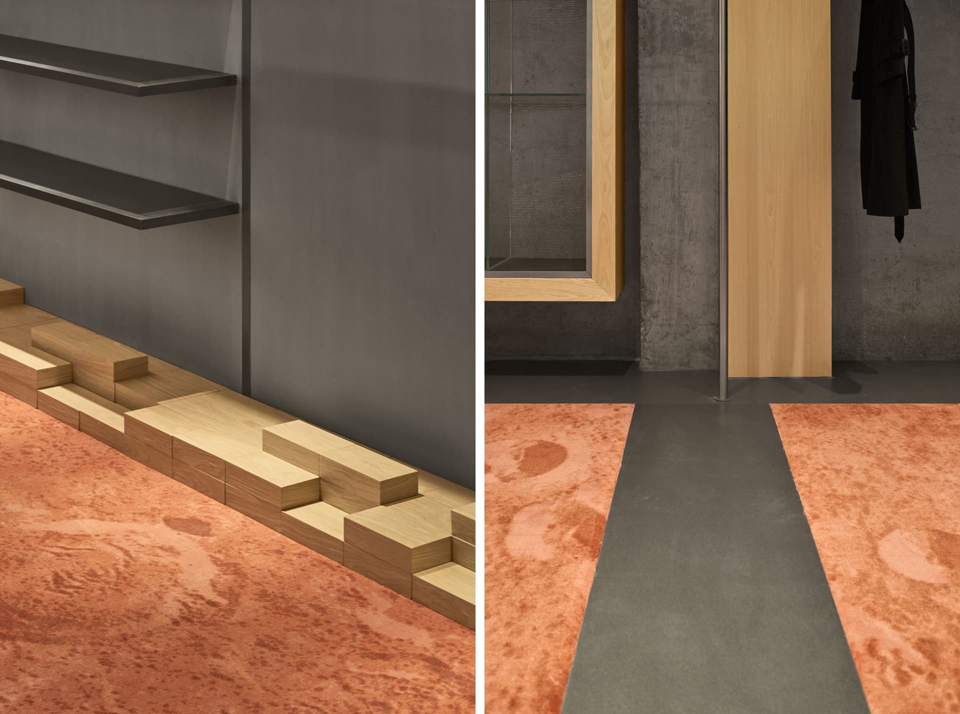 Interior design image showcasing a minimalist entrance featuring modern materials like concrete, wood, and metal.