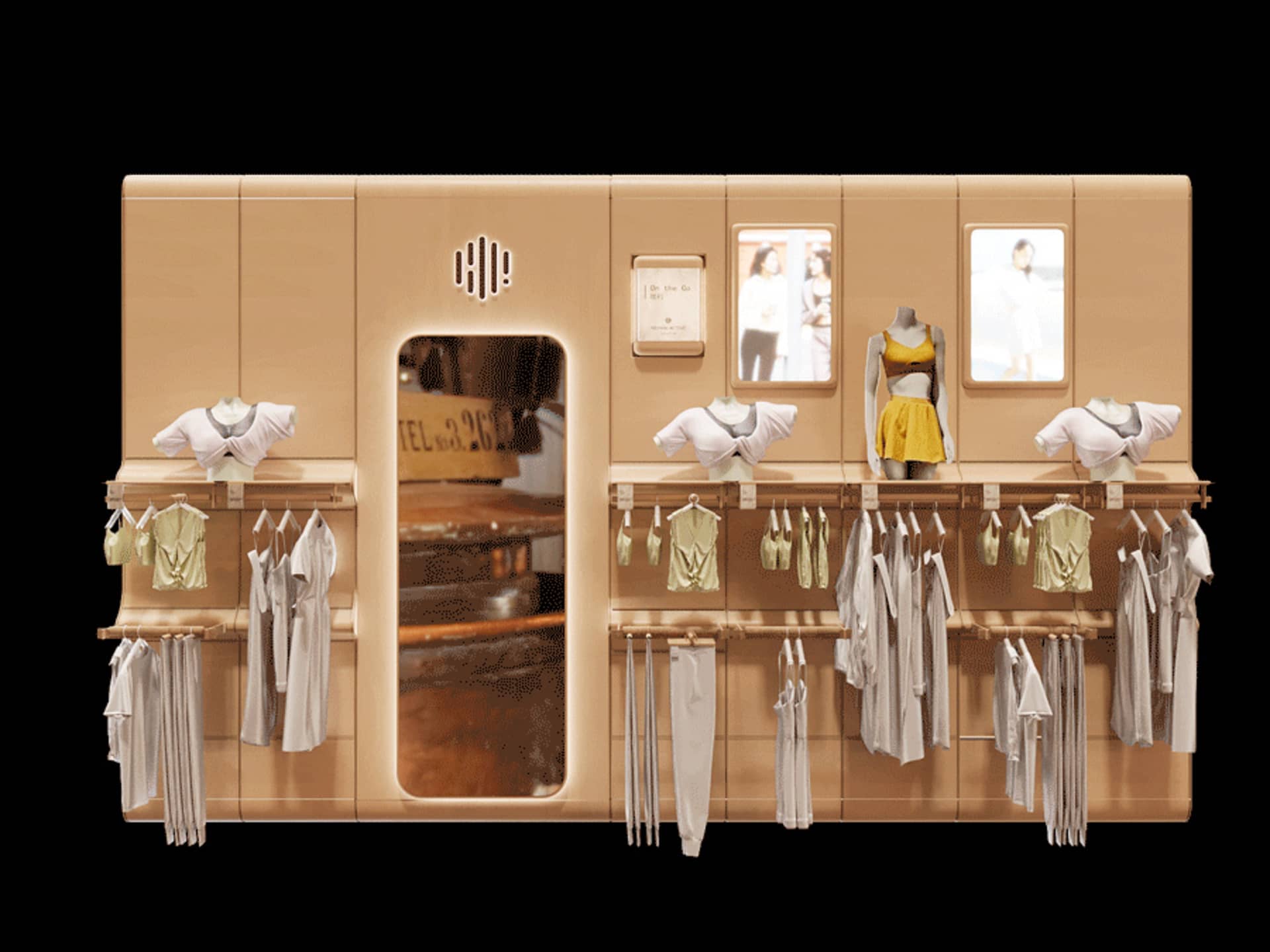 一間現代零售店,展示服裝與配件,設有玻璃入口與木製展示架。