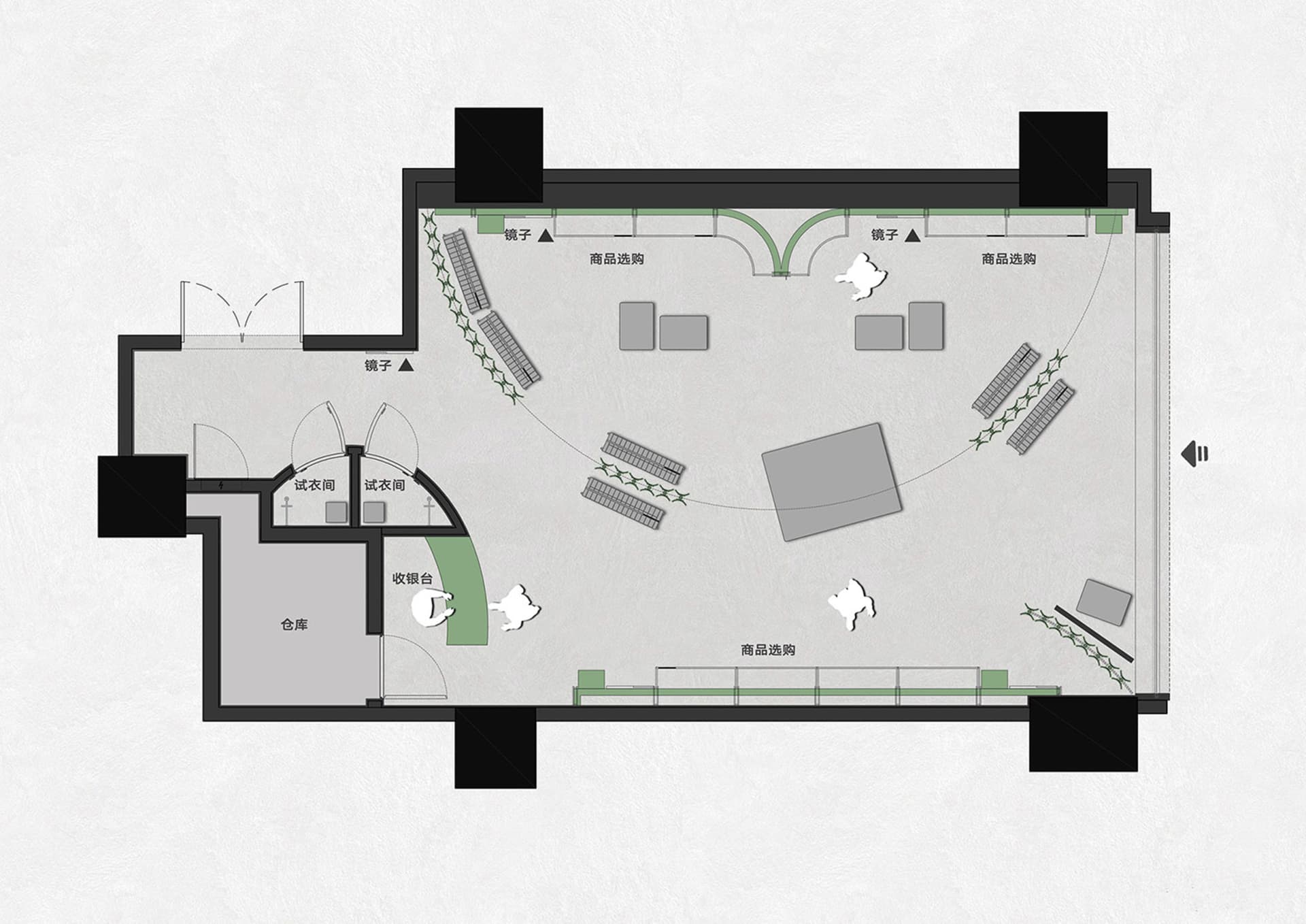 Top-down view of a retail store layout with fabric, furniture, and concrete elements.