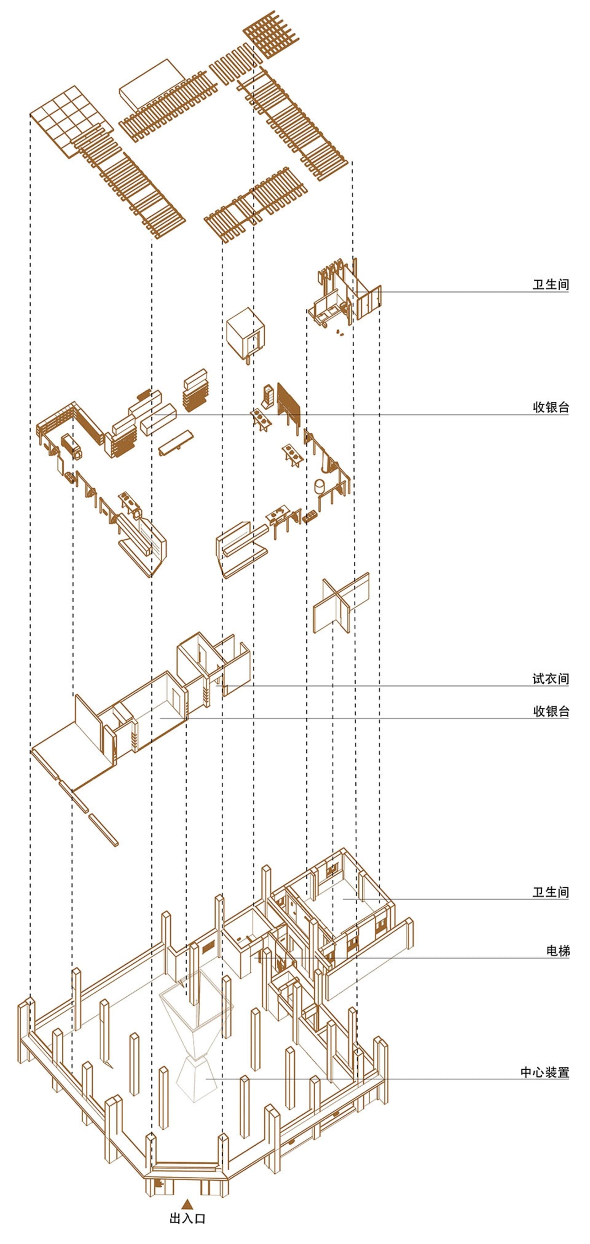 一張木質商業空間的2D建築圖,包含詳細規劃與功能分區。