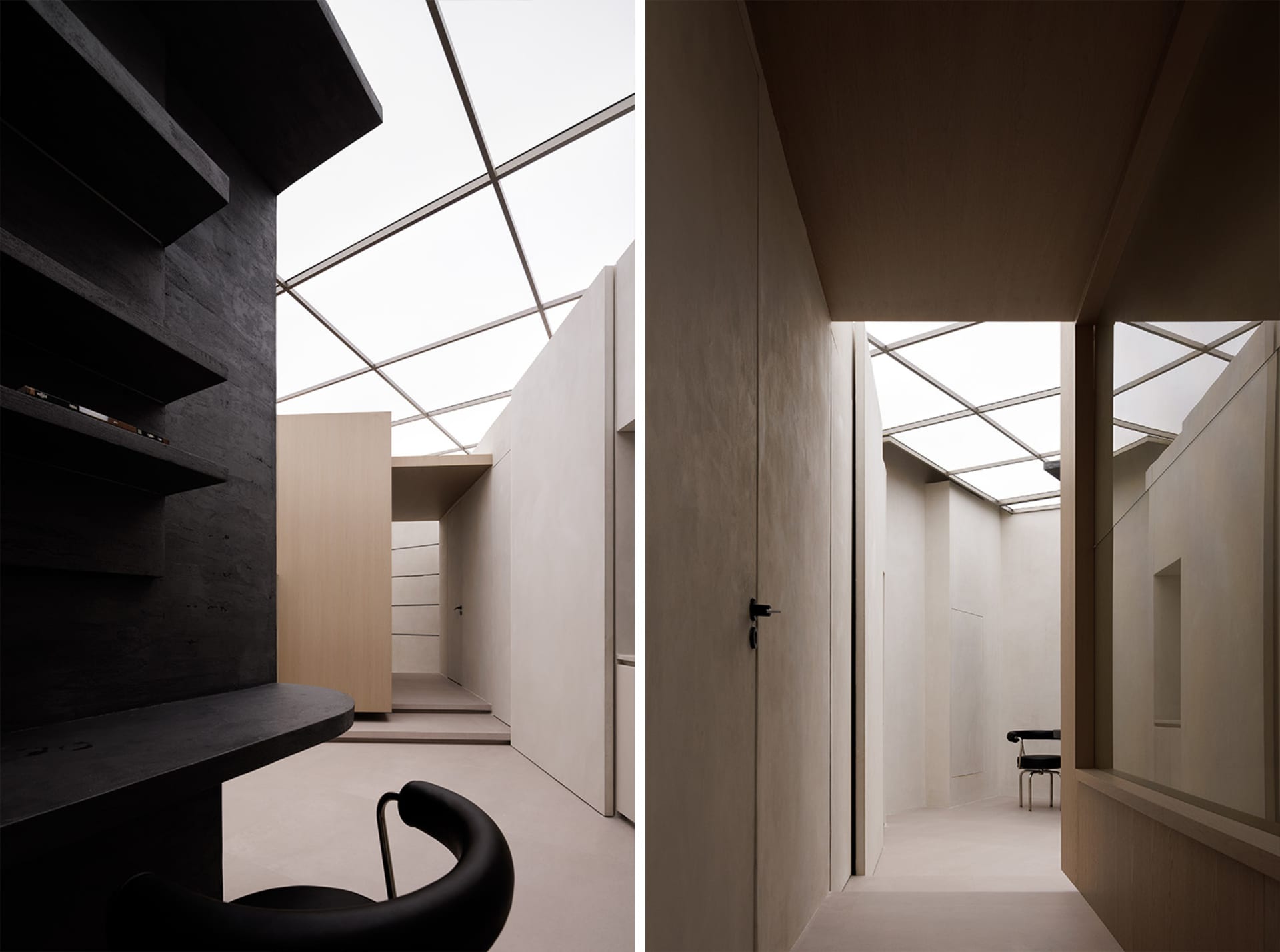 Modern interior design featuring minimalist design with concrete walls and floors.