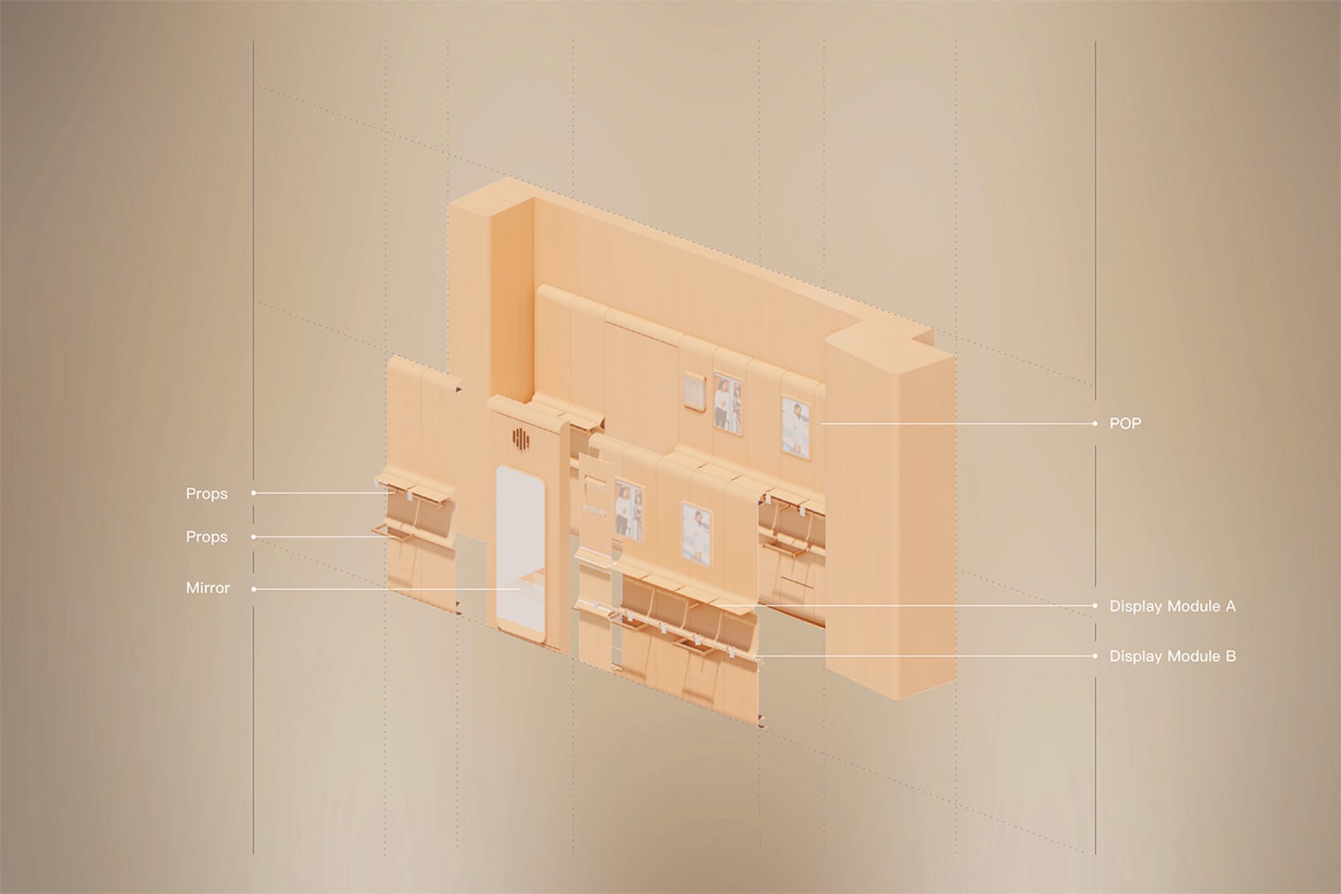 零售店面木質牆板的 3D 渲染圖