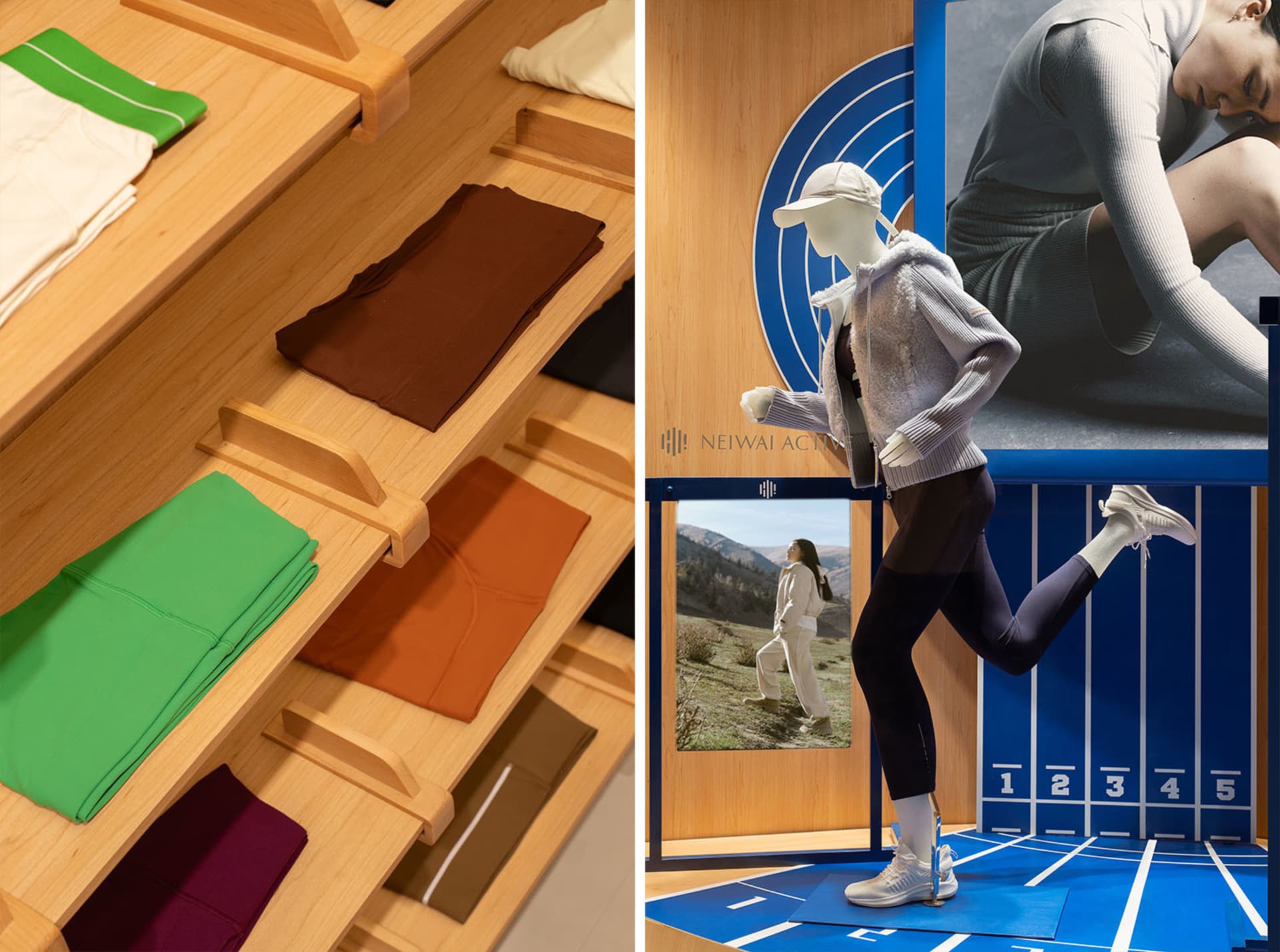 Folded textiles on wooden shelves and a mannequin dressed in athletic wear.