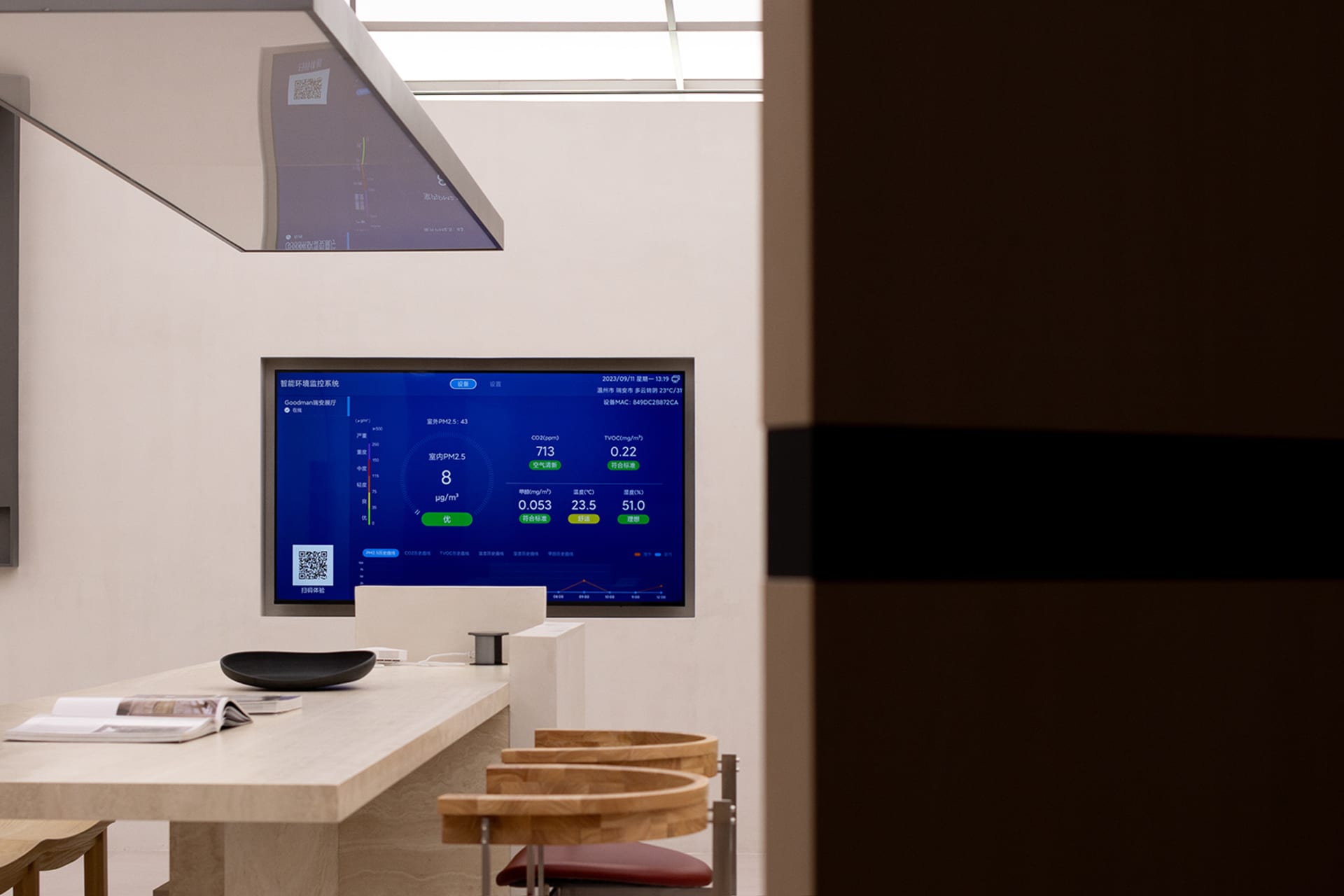 A modern office space featuring a digital monitor displaying environmental monitoring data.