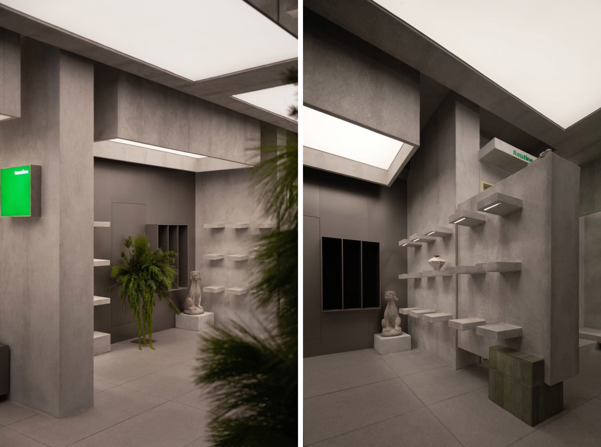 Modern commercial interior design featuring concrete walls, shelves, and sculptures.