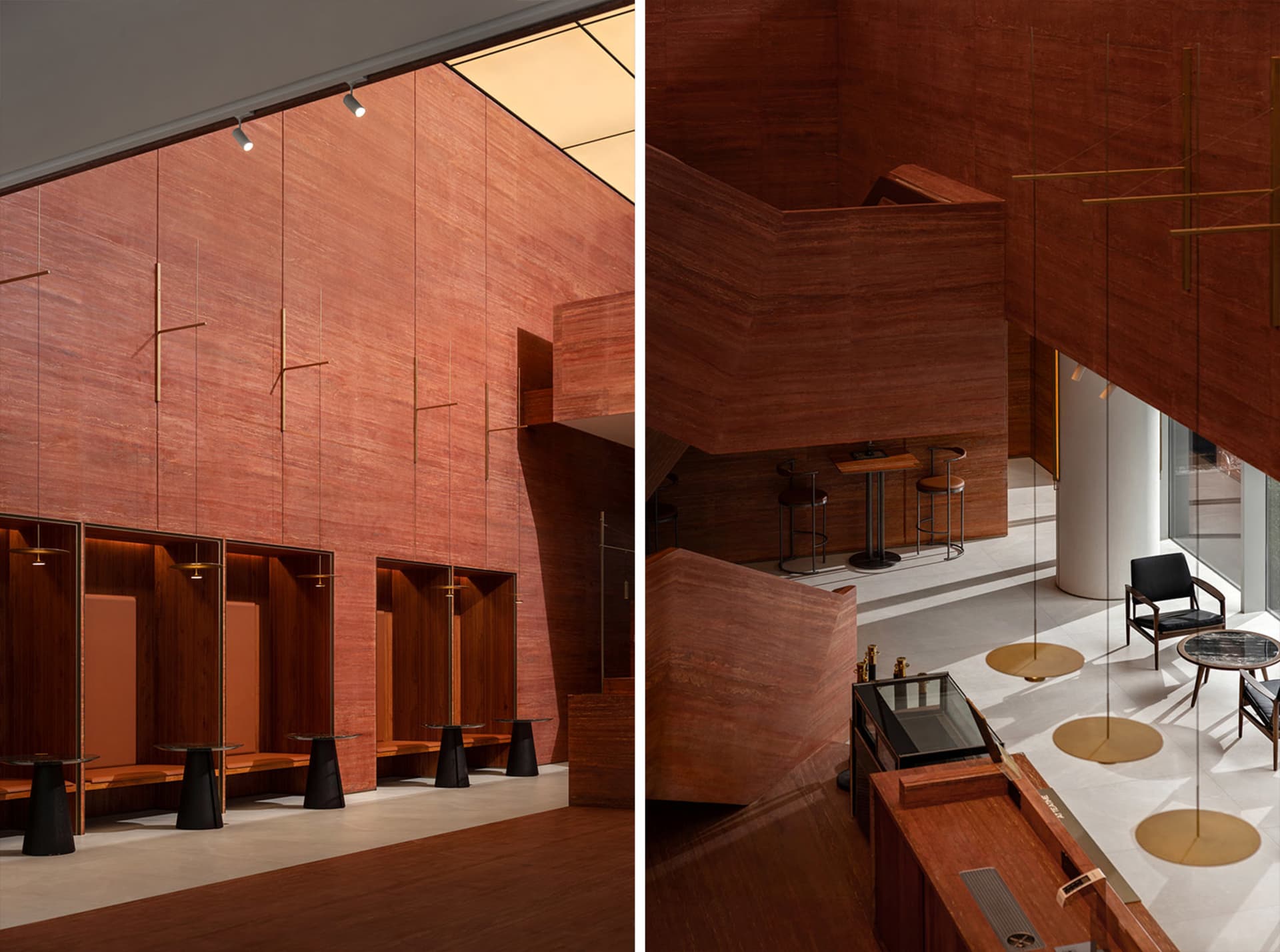 Modern restaurant interior featuring red marble walls and furniture