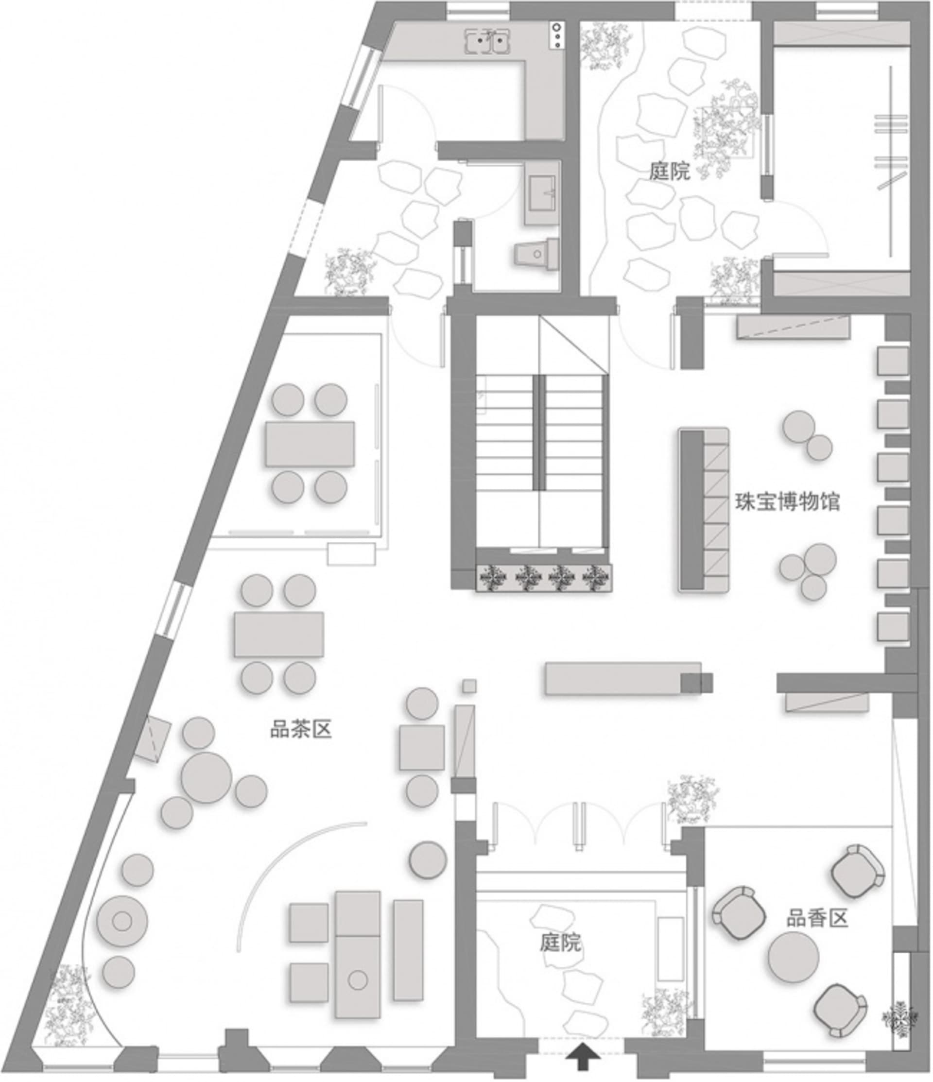 A detailed indoor space layout with designated areas such as a品茶区, 珠宝博物馆, and庭院.